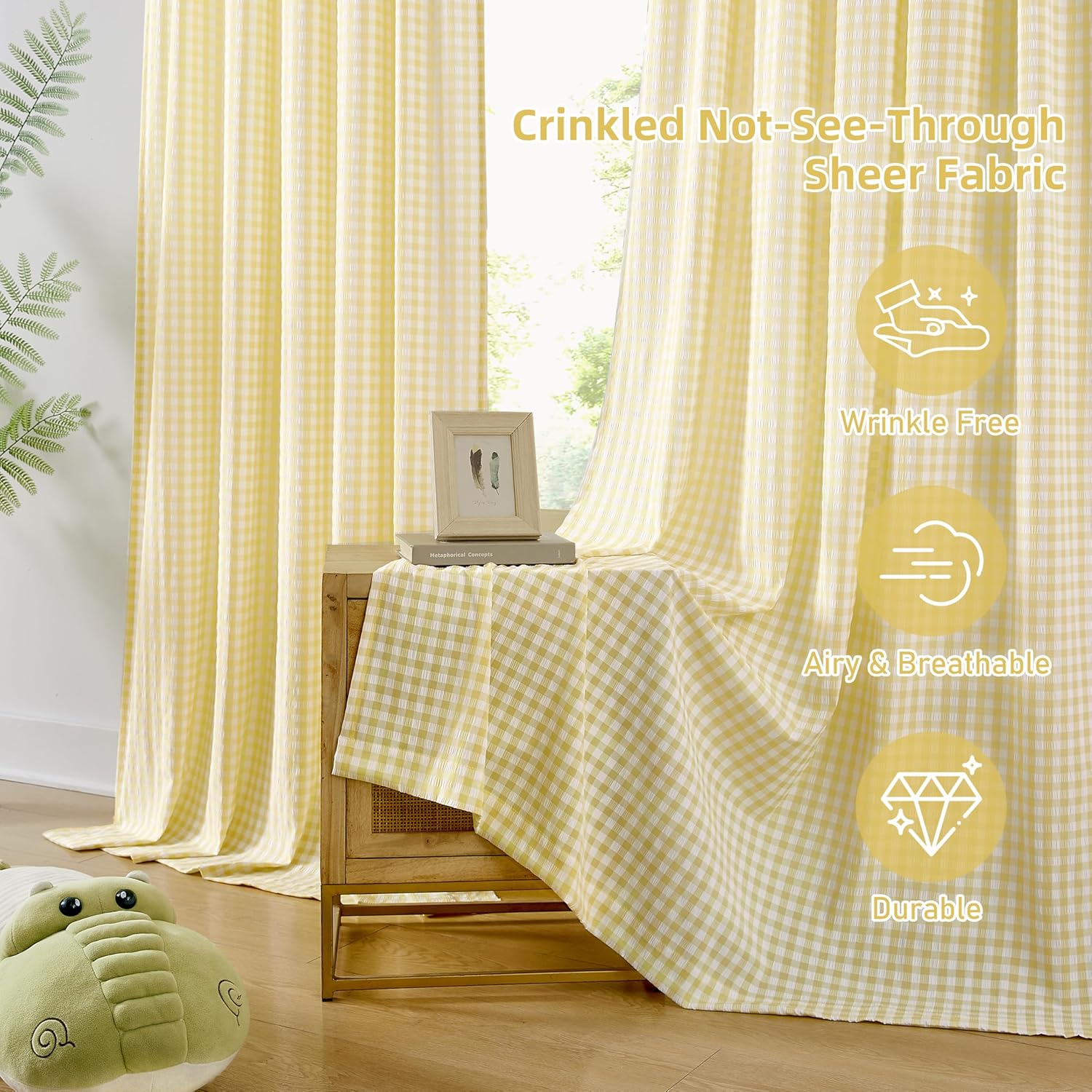 ZJDECOR Yellow White Crinkled Buffalo Plaid Short Curtains 63 Inches Long,Not-See-Through Sheer Panels,Cottage Window Treatment for Nursery Bedroom,Rod Pocket,Tiebacks Included,52" Wx63 L(Pack of 2)