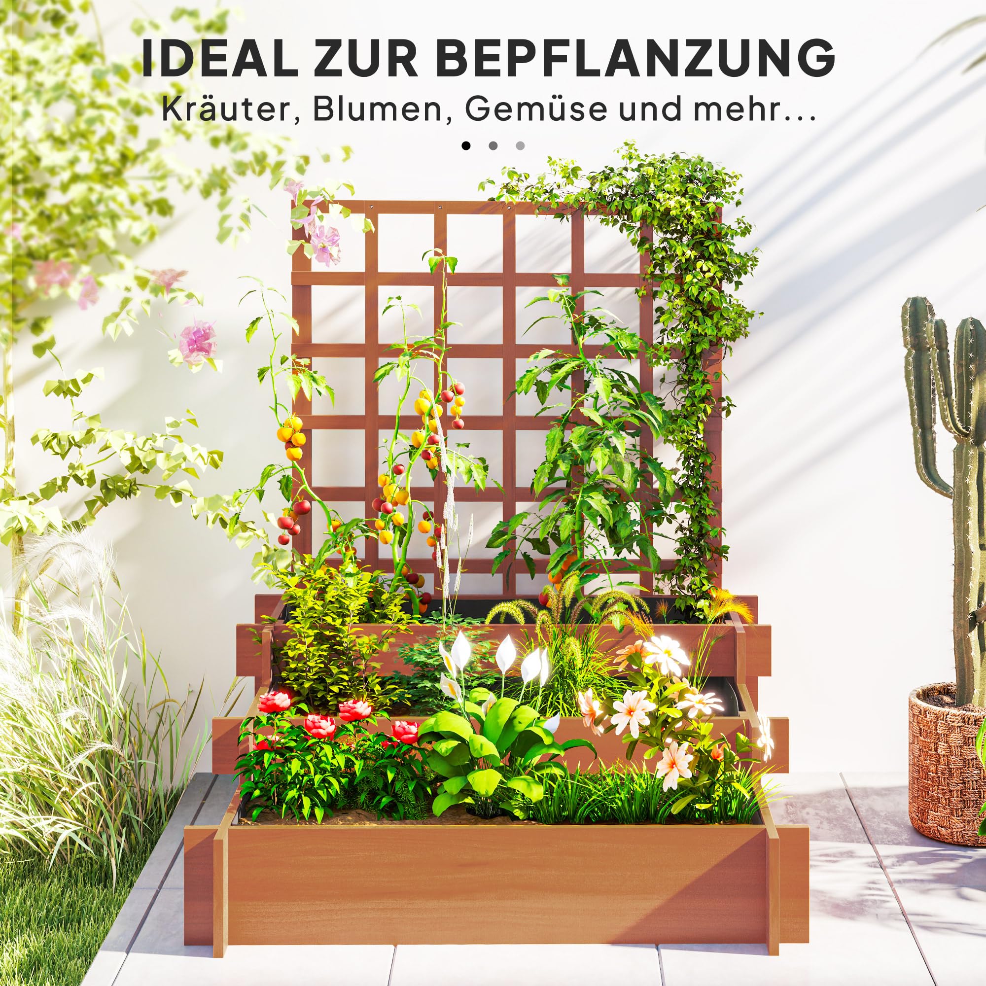 Outsunny Hochbeet mit Rankhilfe 3-Stufig Vliesstoff Braun 95x95x110cm
