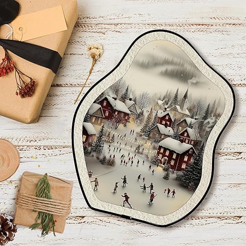 Miniatura 4 de Winter Village - Arte de pared enmarcado de metal, ciudad de Navidad nevada, decoración única, decoración ovalada curvada funky para pared o mesa,