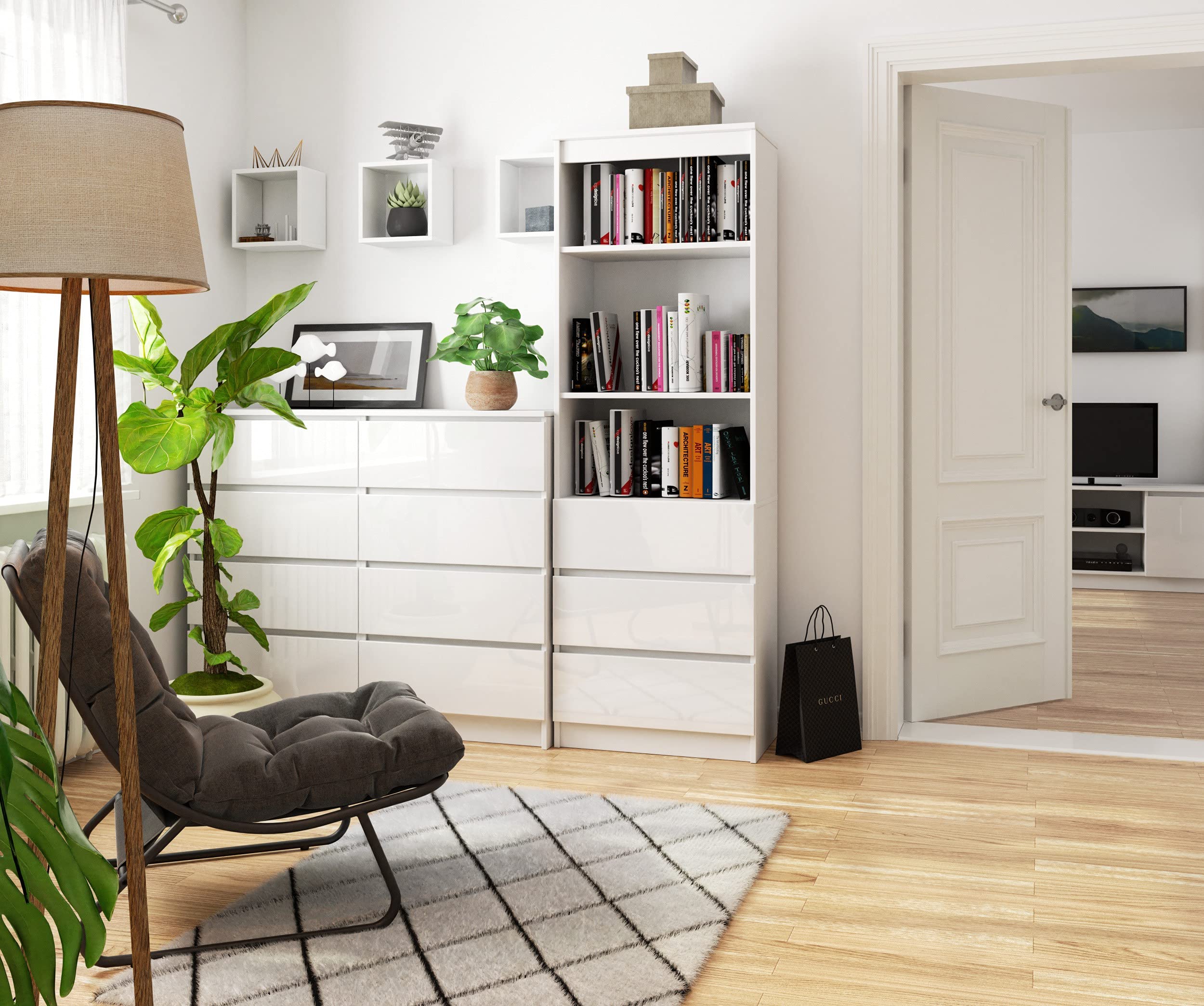 AKORD | Librería CLP 60 cm | Mueble con 3 cajones 3 estantes | Documentos Oficina | Porta Libros | Mueble de Dormitorio | Estante de Sala de Estar | Ahorra Espacio | Blanco | Blanco Brillante