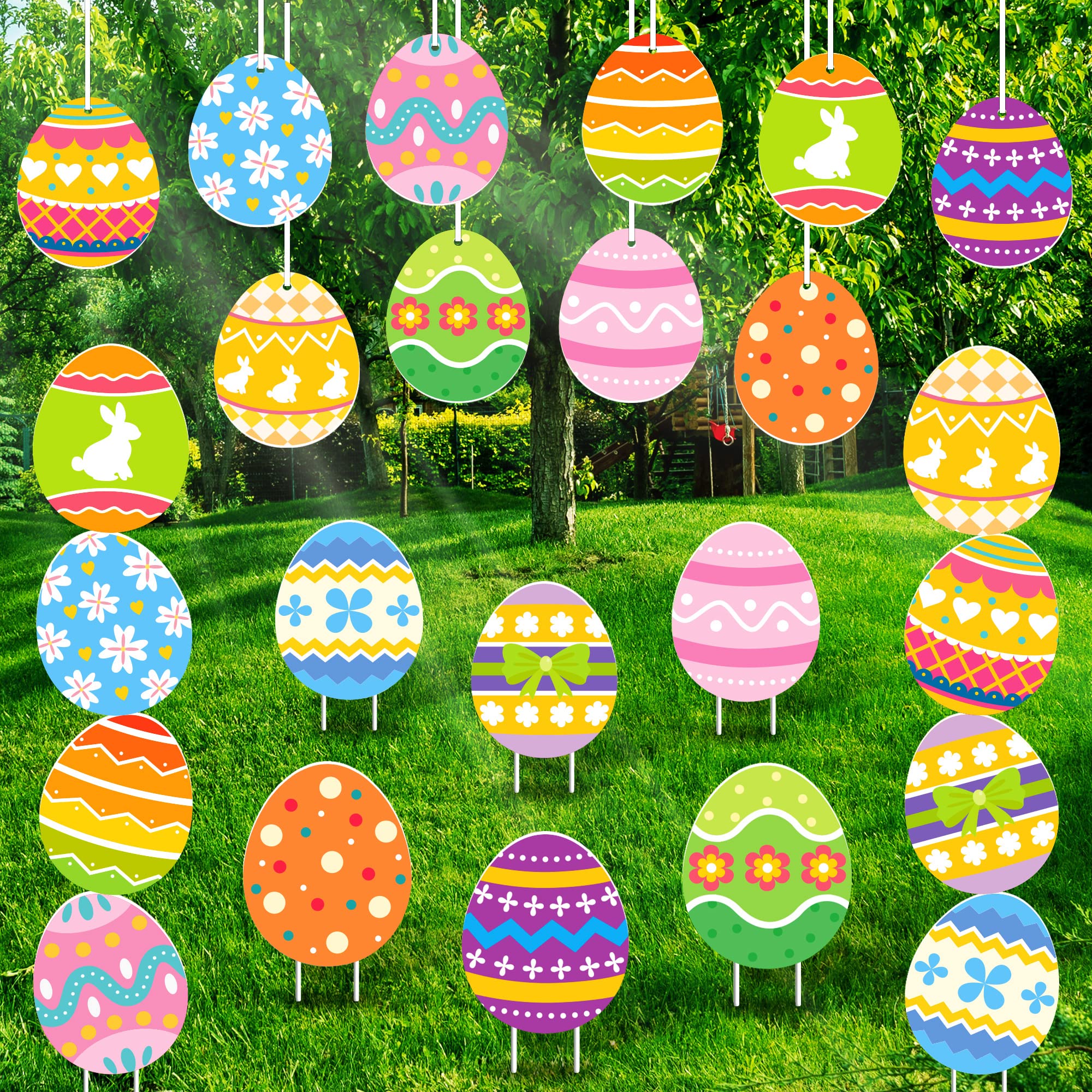 Large Easter Eggs Yard Signs, Hanging Easter Ornament for Yard Tree Porch Garden, Plug In Colorful Plastic Easter Eggs Decoration with Fiber Sticks, Waterproof Religious Outdoor Decor (24 Pcs)