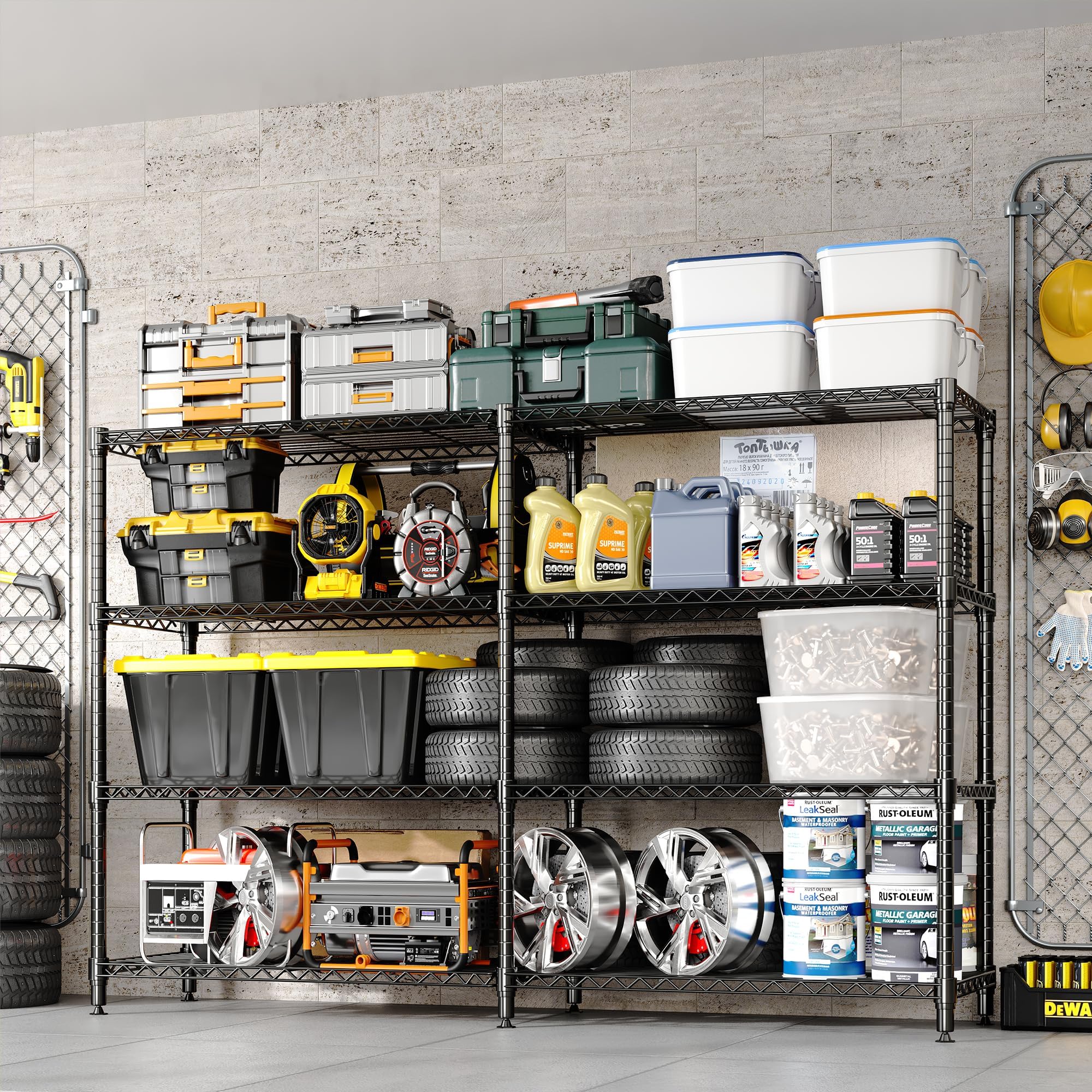 GarveeTech Metall-Drahtregal 4-stufig, 180x35x179 cm, schwarz | Höhenverstellbar mit 601 kg Tragkraft, universales Regal geeignet für Garage, Lager und Küche