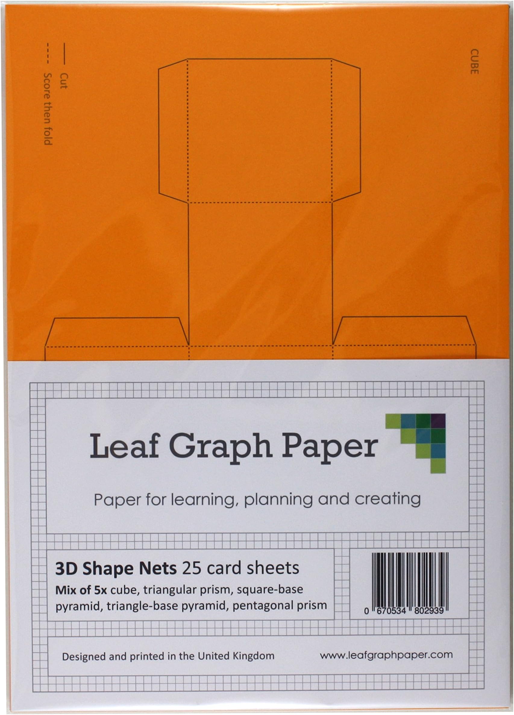 3D Shape Nets A4 Card, Cube, Pyramid, Triangle + Pentagon Prism, 25 Sheet Pack