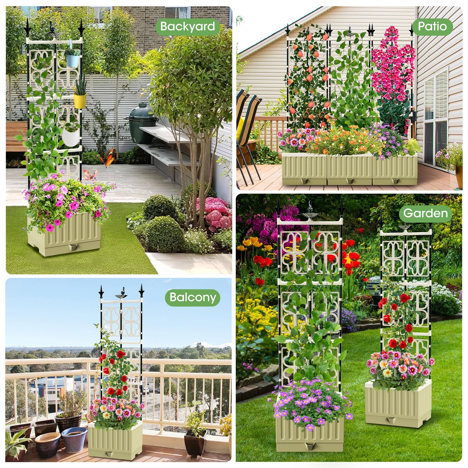 Cama de jardín elevada con enrejado de metal, maceta elevada de 142 cm con riego automático, maceta elevada para plantas trepadoras, frutas, verduras, flores