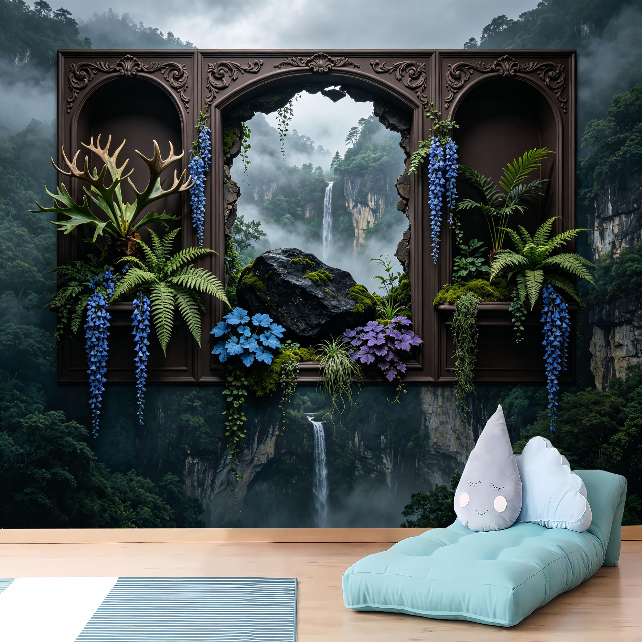 Custom Size Wall Murals 3D Broken Frame with Misty Waterfall and Blue Wisteria Realistic Self-Adhesive Wall Fabric (NO PVC) Removable Wallpaper for Study Room
