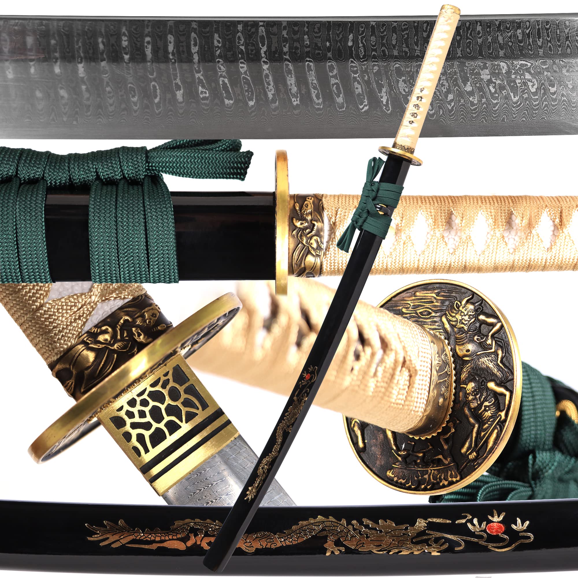 Pnber Damascus Knife Samurai Sword Katana Damascus Steel Swor Damascus Folding Steel High Hardness Razor Sharp Authentic Battle Ready Full Tang