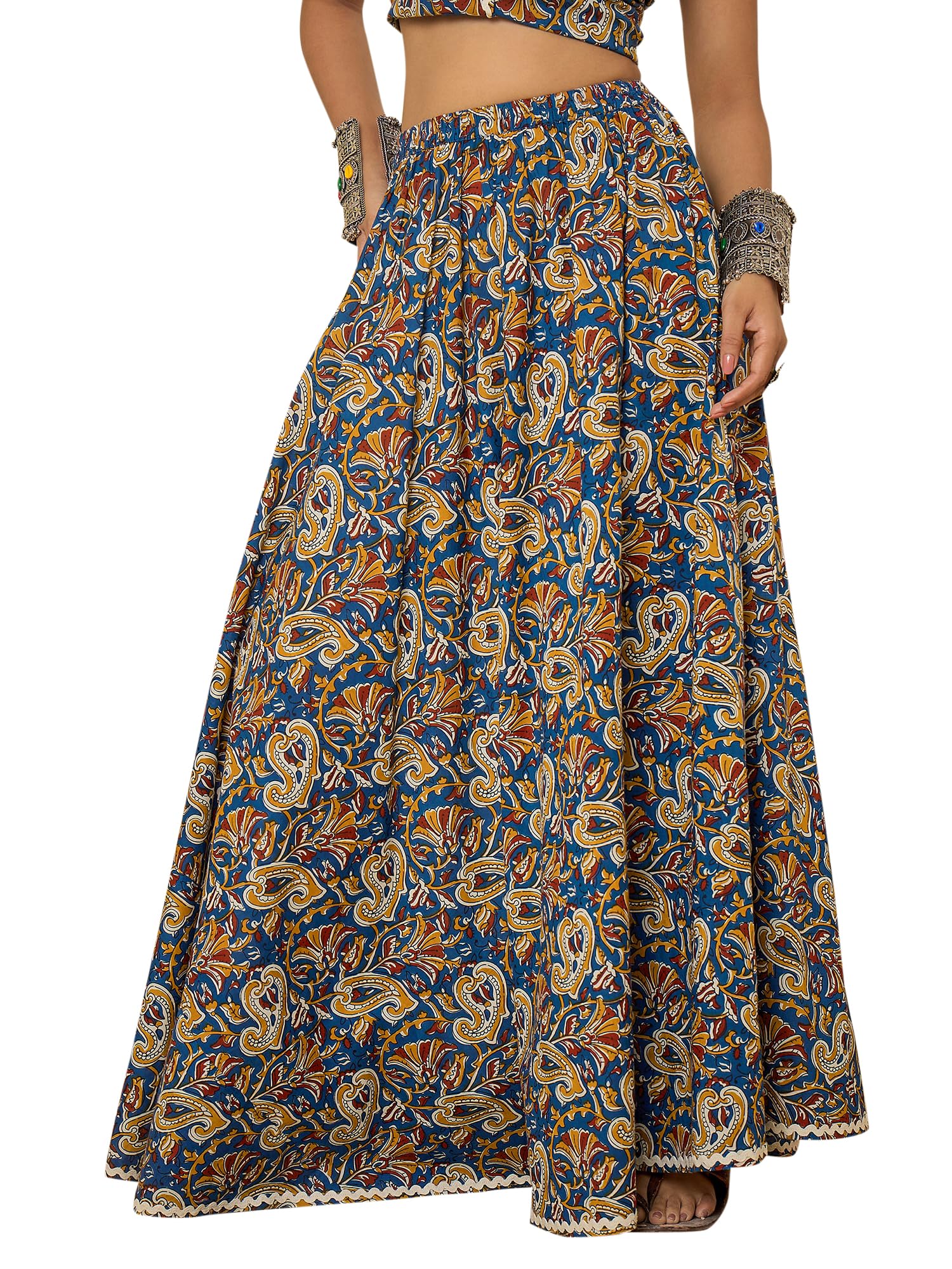 Women Maroon Ethnic Print Cotton Maxi Skirt-image-0