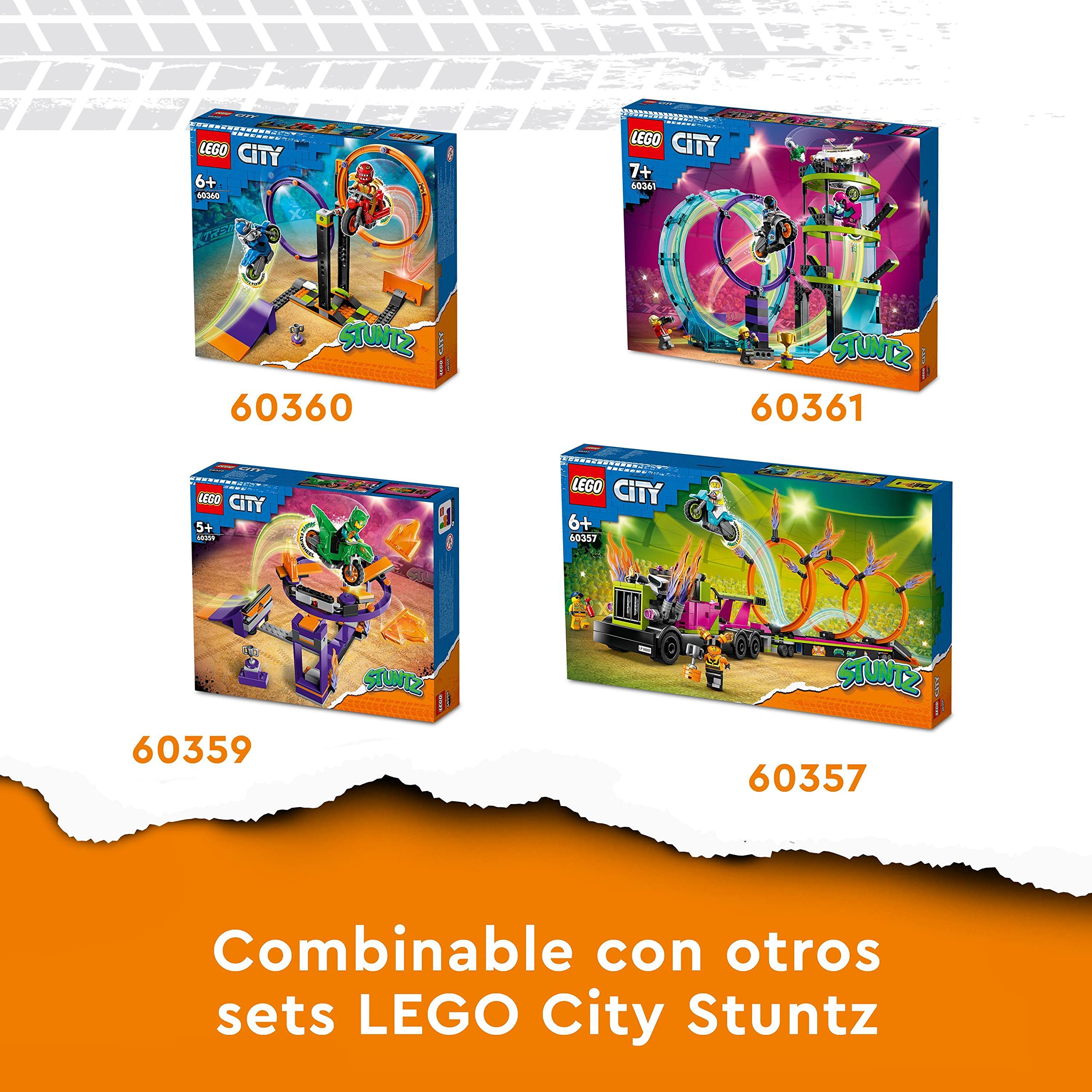 LEGO 60357 City Stuntz Desafío Acrobático: Camión y Anillos de Fuego, Moto de Juguete con Retro Fricción y Mini Figuras, Juegos Divertidos para Niños de 6+ Años