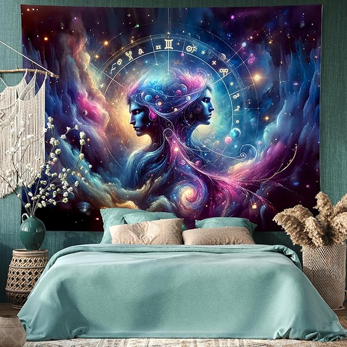 Gemini Tapestry Wall Hanging Zodiac Sign Decoration Aesthetic for Bedroom Living Room Dormitory Suitable for Teen Boy and Girl Who Like Astrology 79x59 Inches