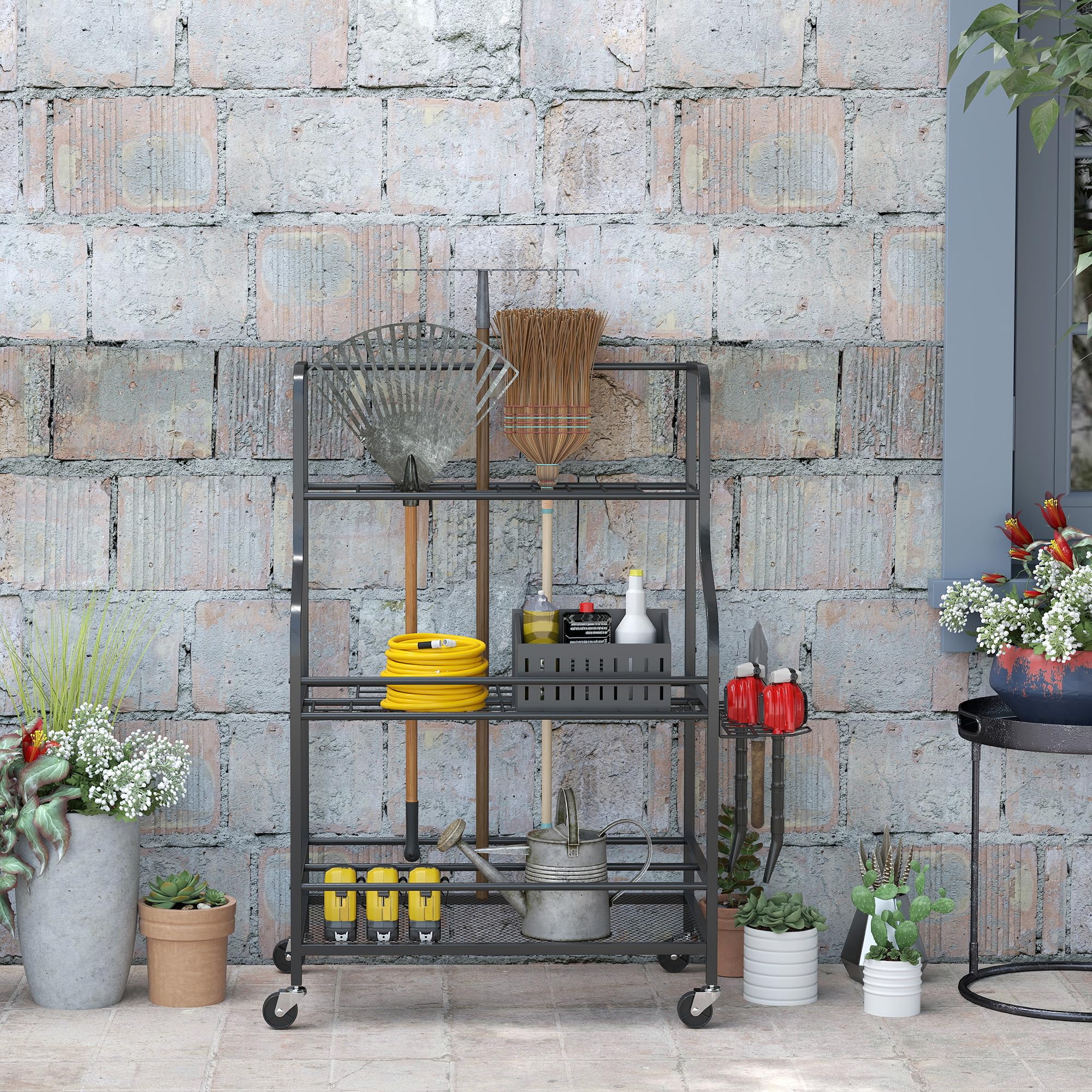 Outsunny Organiseur d'outils de Jardin, Support à Outils de Jardin 54 emplacements avec 5 Crochets, Porte-Outils de Garage en Acier sur roulettes, 3 Niveaux pour Outils, râteaux, Noir