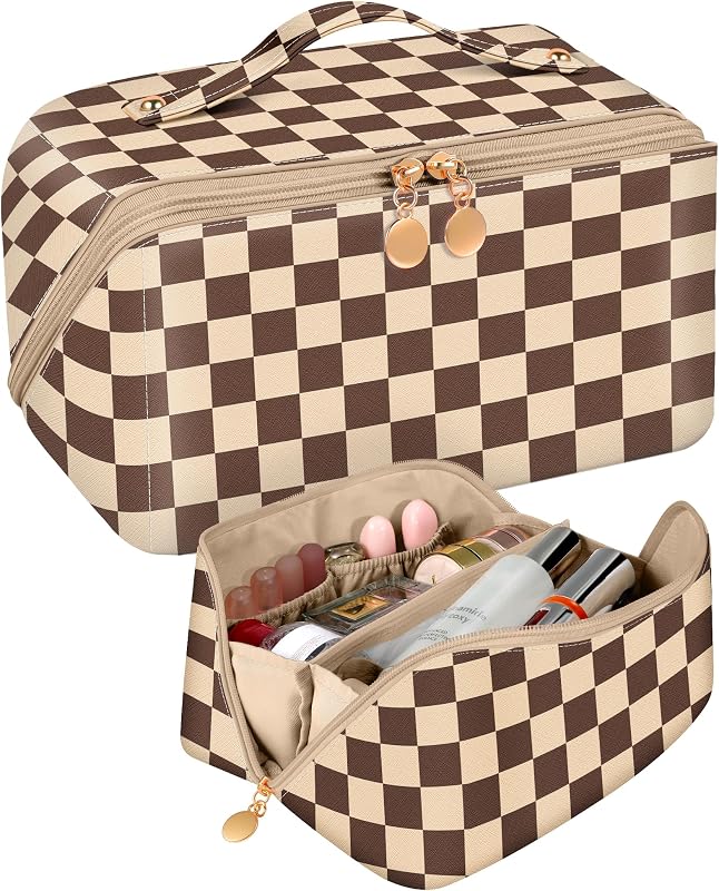 Necessaire de maquiagem Bistup em couro marrom xadrez, dobrável e expansível, com zíper e 5 compartimentos