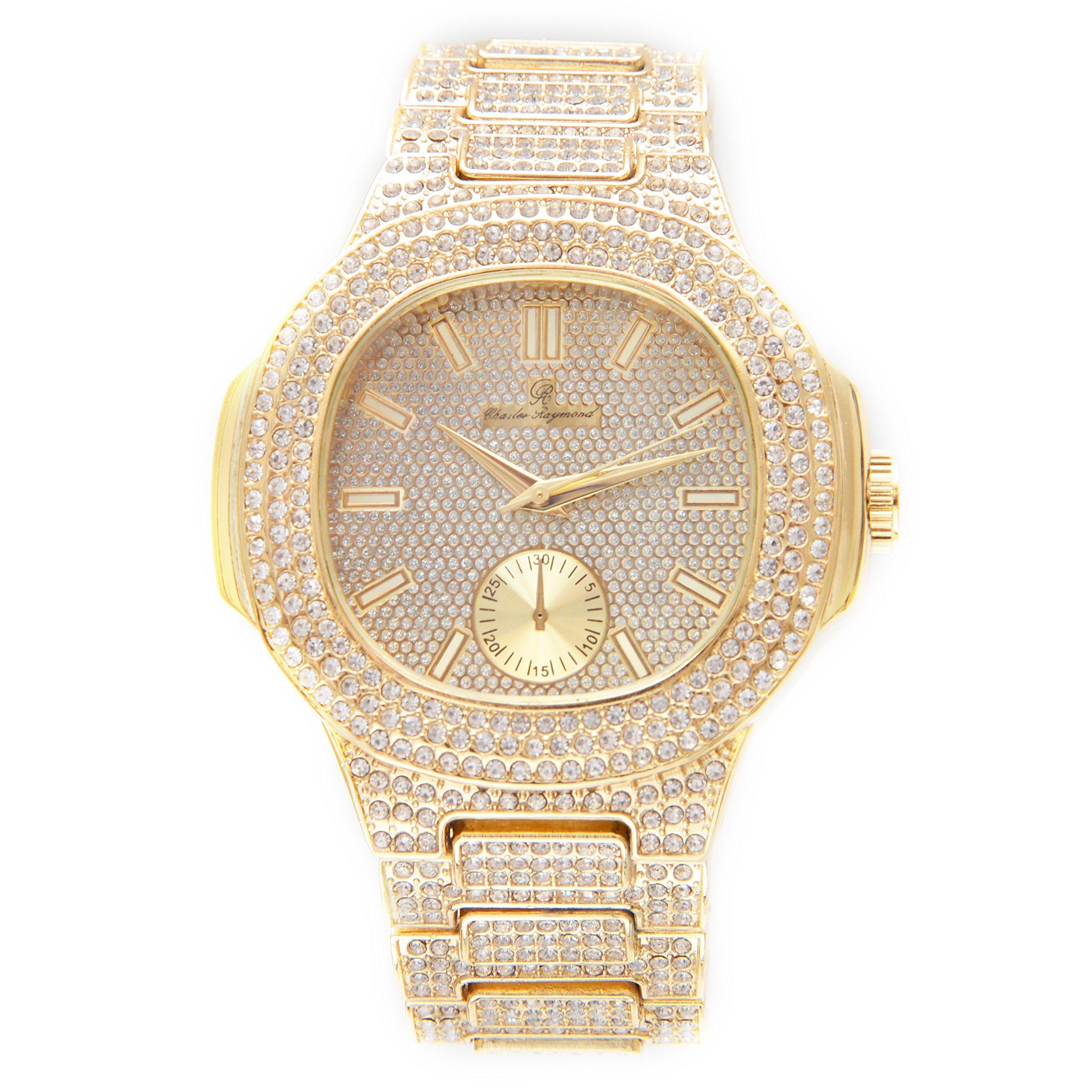 Charles Raymond Bling-ed Out Oblong Case Metal Mens Gold Watch w/Matching Bling-ed Out Gold Shamballa Jewelry Bracelet Set - 8475GSham