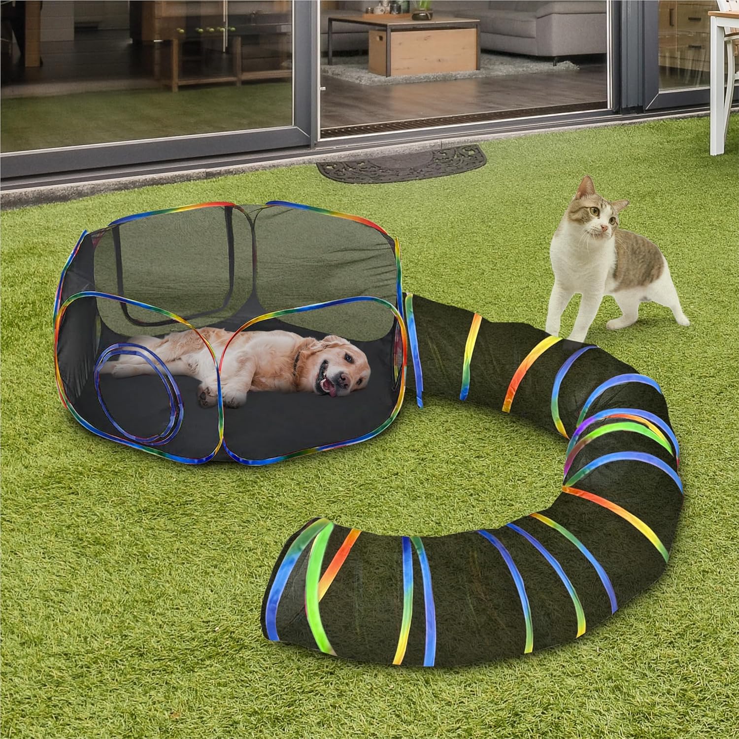 Outdoor 2-in-1 Cat Tunnel & Play Tent - Fun Enclosures Linked with 2 Big Zipper Doors, Breathable Mesh Stays Cool, Cat Tunnel Outdoor Indoor Playpen 2 in 1 Enclosure, Tent