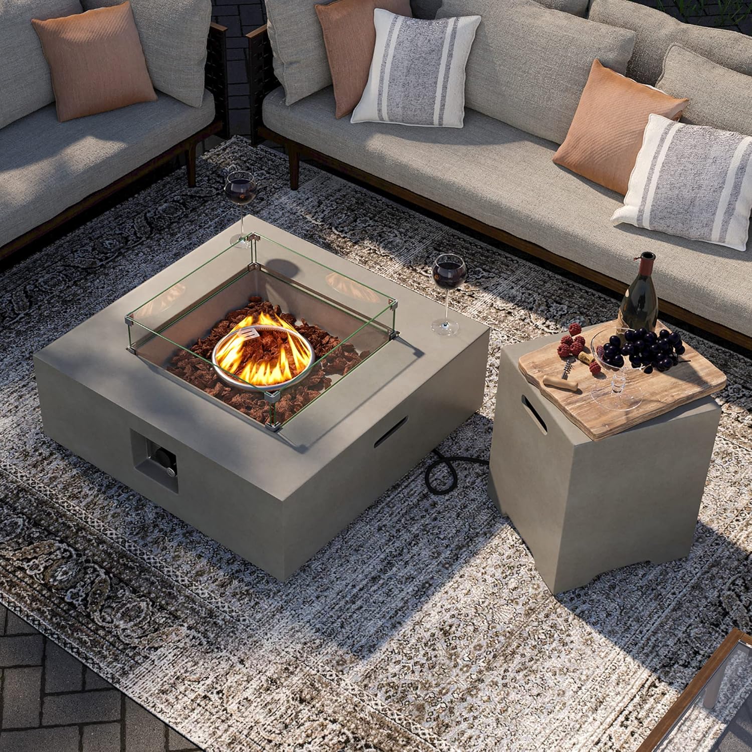 SUNBURY Outdoor Propane Fire Pit, Square Patio Fire Table 50,000 BTU Fire Pit for Outside in Gray w 20 Gallon Tank Cover, Glass Wind Guard, Waterproof Cover