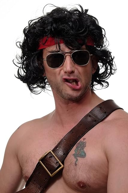 WIG ME UP- 3089-1 Peluca Carnaval Hombres años 80 quinqui Maestra de Baile mercenarios rizos Negros Cinta roja