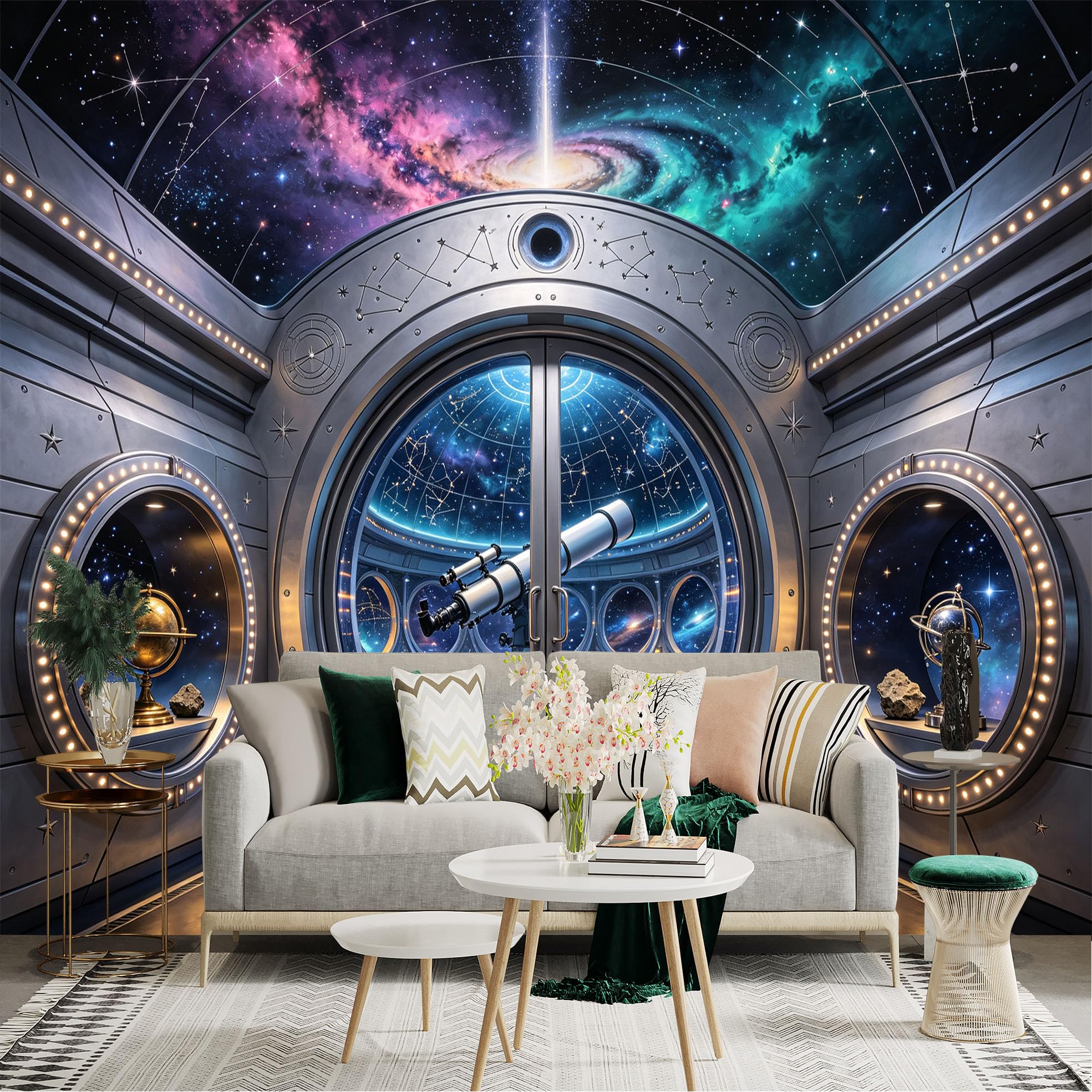 Lnzczhyre Bh260719075 Custom Size Wall Sticker Mural， Observatory Room With Telescope， Celestial Galaxy View， Cosmic Space Interior， For Wall Decoration， Peelandstick Wall Decals.