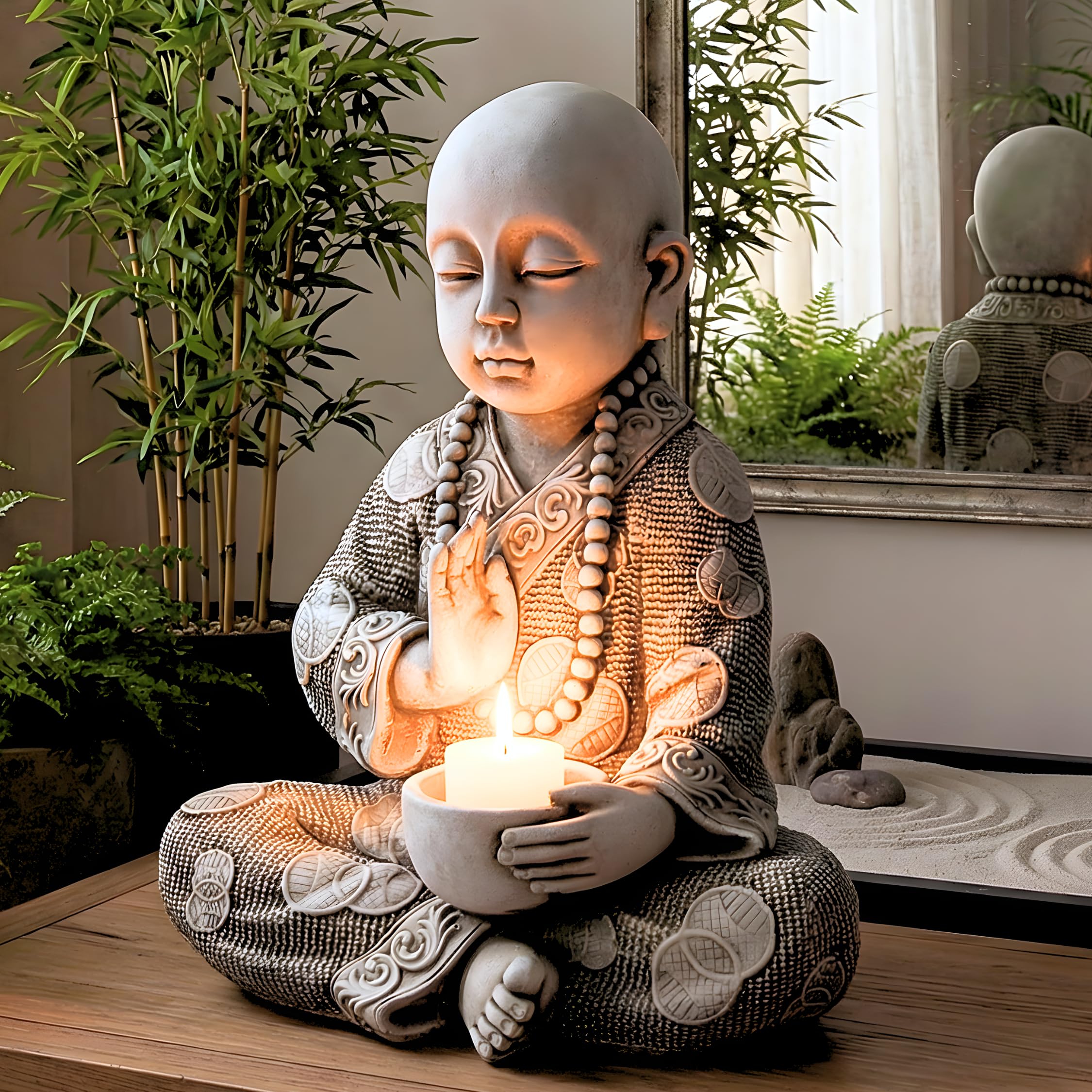 Buda para Vela 37 cm (Ceniza).- Budas Grandes de Jardin y Estatuas Decorativas de Piedra para Decoracion Jardin Exterior y Espacios Zen