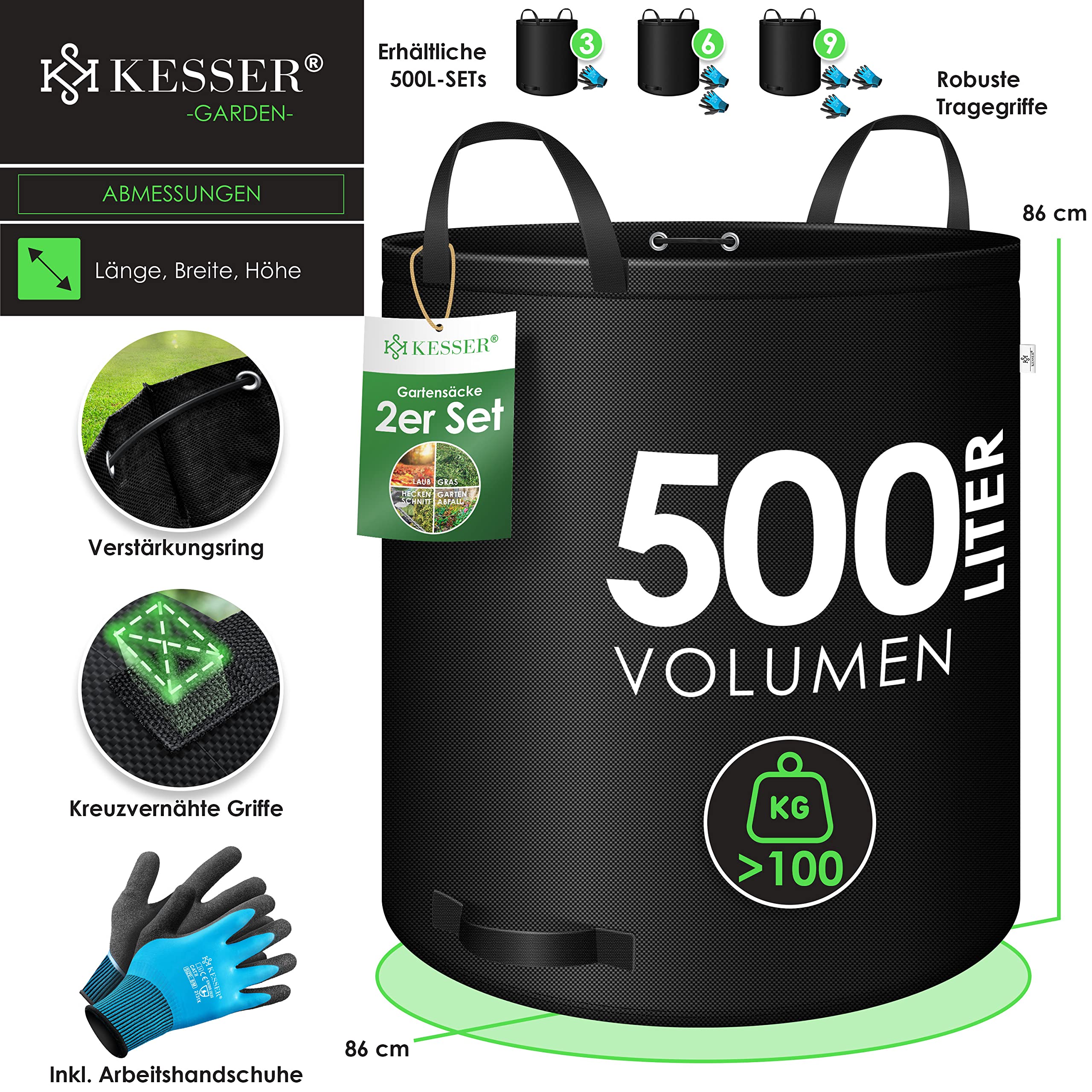 KESSER® Gartensack 2x 500L Set Laubsack Gartenabfallsack inkl. Handschuhe - Selbststehend 4 Griffe Stabil Robust & Faltbar - Laubsäcke Rasenschnitt für Gartenabfälle Grünschnitt Schwarz