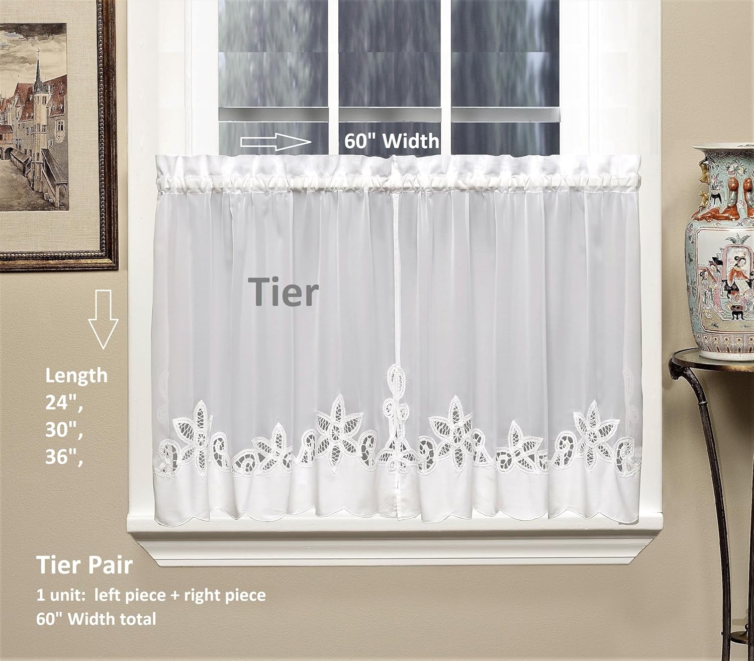 Today's Curtain Plymouth Classic Battenburg Applique Sheer Window Tier, 36-Inch, White