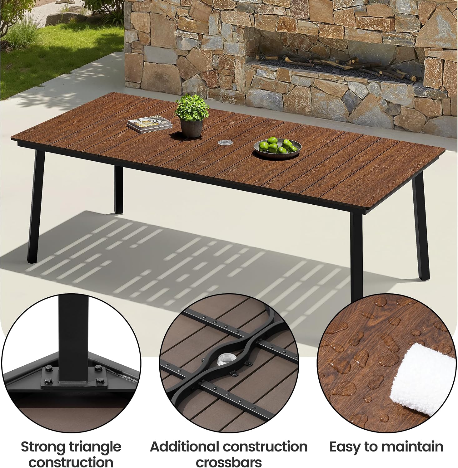 Crestlive Products 9 Piece Patio Dining Set, 70" Walnut Metal Outdoor Table and 8 Folding Chairs, with Umbrella Hole for Porch Poolside Yard Garden, Black