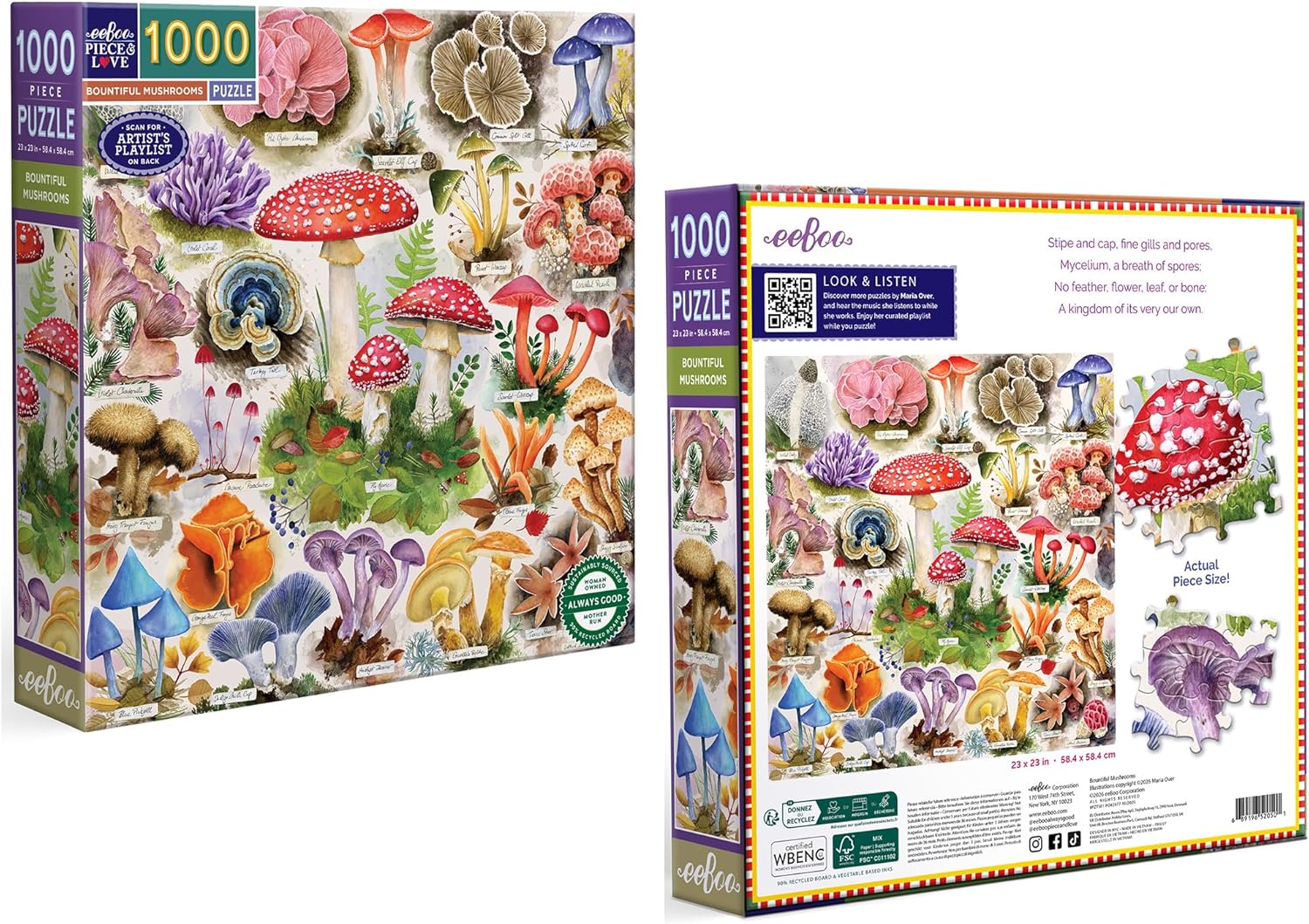 eeBoo 1000 Piece Puzzle - Bountiful Mushrooms Jigsaw Puzzle for Adults, Square 23" x 23" Made with Recycled Board & Vegetable-Based Ink