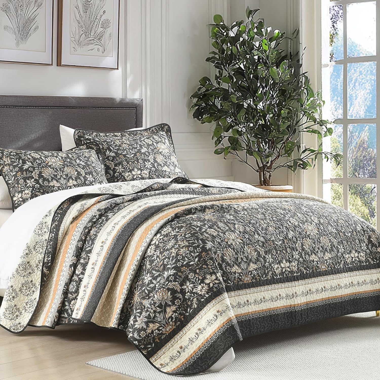 KALOOLA Farmhouse Quilt Set King Size - 100% Cotton Lightweight Garden Botanical Striped Quilted Bedspread with 2 Pillowshams, Reversible Bedding Coverlet for All Season, Charcoal/Gray/Brown, 3Pcs