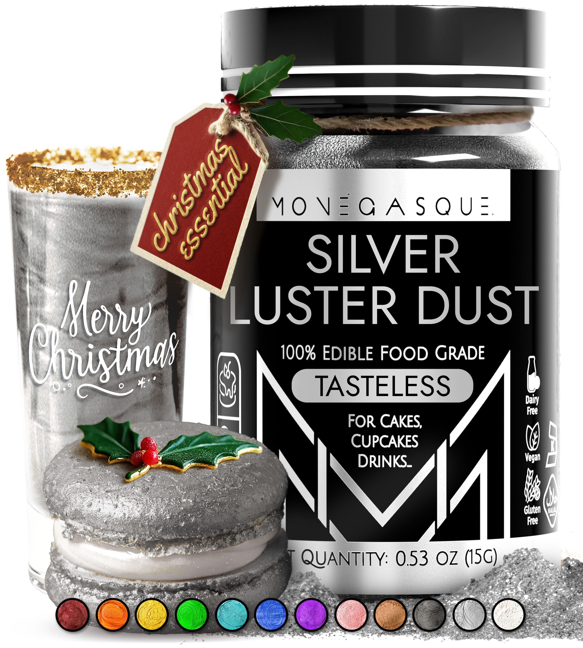 MONÉGASQUE Silver Edible Glitter for Drinks 15g – Silver Lustre Dust Edible Glitter for Cakes & Cocktails – Christmas Food, Cake, Cocktail, & Drink Shimmer Spray – Luster Dust for Drinks & Cakes