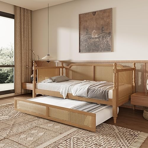 Merax Twin Size Rattan Bed Frame with Twin Size Trundle, Wood Bedframe Daybed for Bedroom, Guest Room, Limited Space, No Box Spring Needed, Antique Walnut