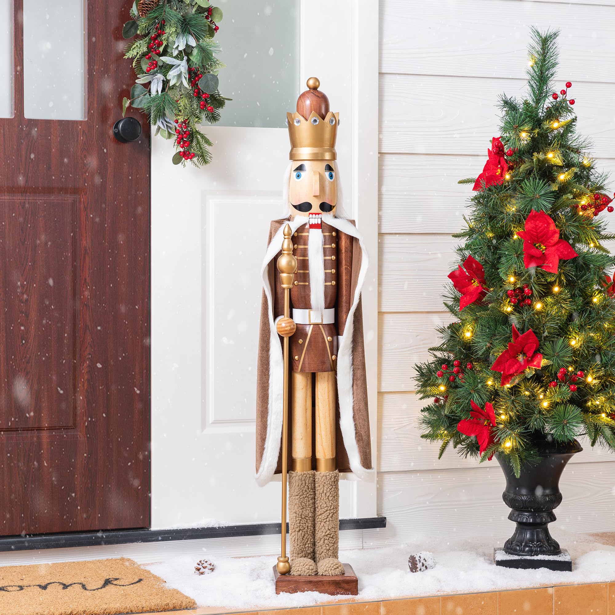 Glitzhome 42" H Wooden Christmas Nutcracker Ornaments Brown King Nutcracker Figurine Christmas Table Decor Traditional Christmas Decor for Tables Desktop Porch Holiday Festive
