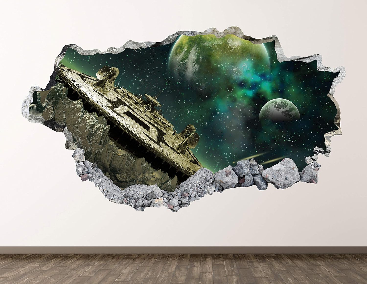 Alien Planet Wall Decal Art Decor 3D Smashed Beautiful Fantasy Landscape Sticker Poster Kids Room Mural Custom Gift BL1255 (42"W x 24"H)