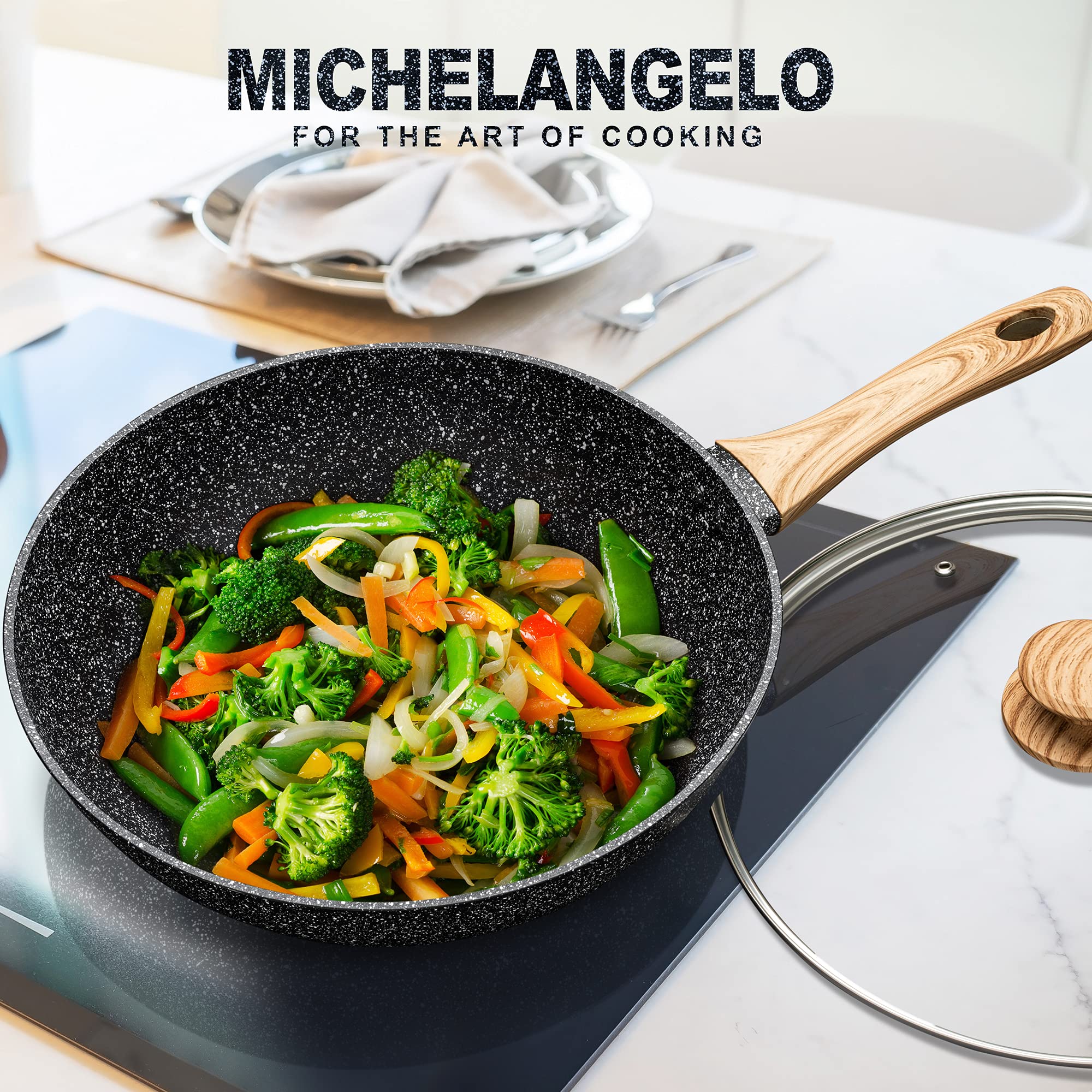 MICHELANGELO Wok 28 cm, nieprzywierający wok z pokrywką, woki 28 cm z koszem do smażenia i zestawem do gotowania na parze, głęboka patelnia, woki i patelnie do smażenia