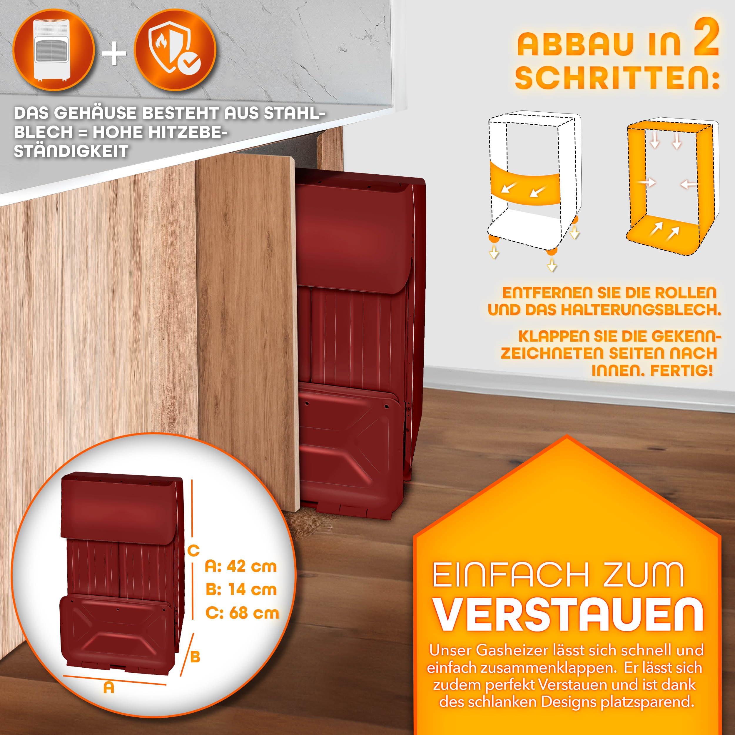 TRESKO 4200 Watt Gasheizung inkl. Gasdruckregler Gasschlauch + Abdeckung | Gasheizer Gasofen Gasheizofen mit 3 Stufen | Infrarot Gasheizgerät, Strahlend (Rot)