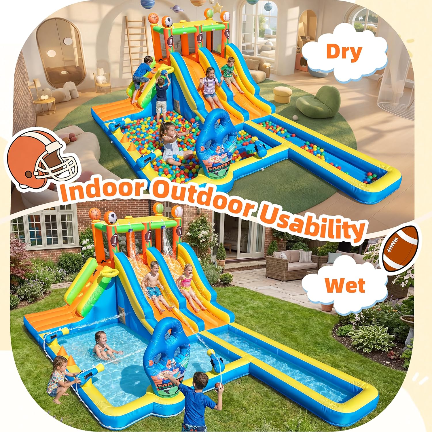 TOAOB Inflatable Water Slide for Kids 3-12: Blow Up Backyard Water Park with 550W Blower- 9 in 1 Football-Themed with 2 Slides for Outdoor Birthday Party