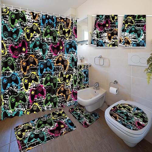 Vista 12 de Nuanchu Juego de 6 Piezas de Cortina de Ducha del Día de San Patricio con Alfombra, Juegos de Baño de Trébol Verde con Cortina de Ducha, Tapete