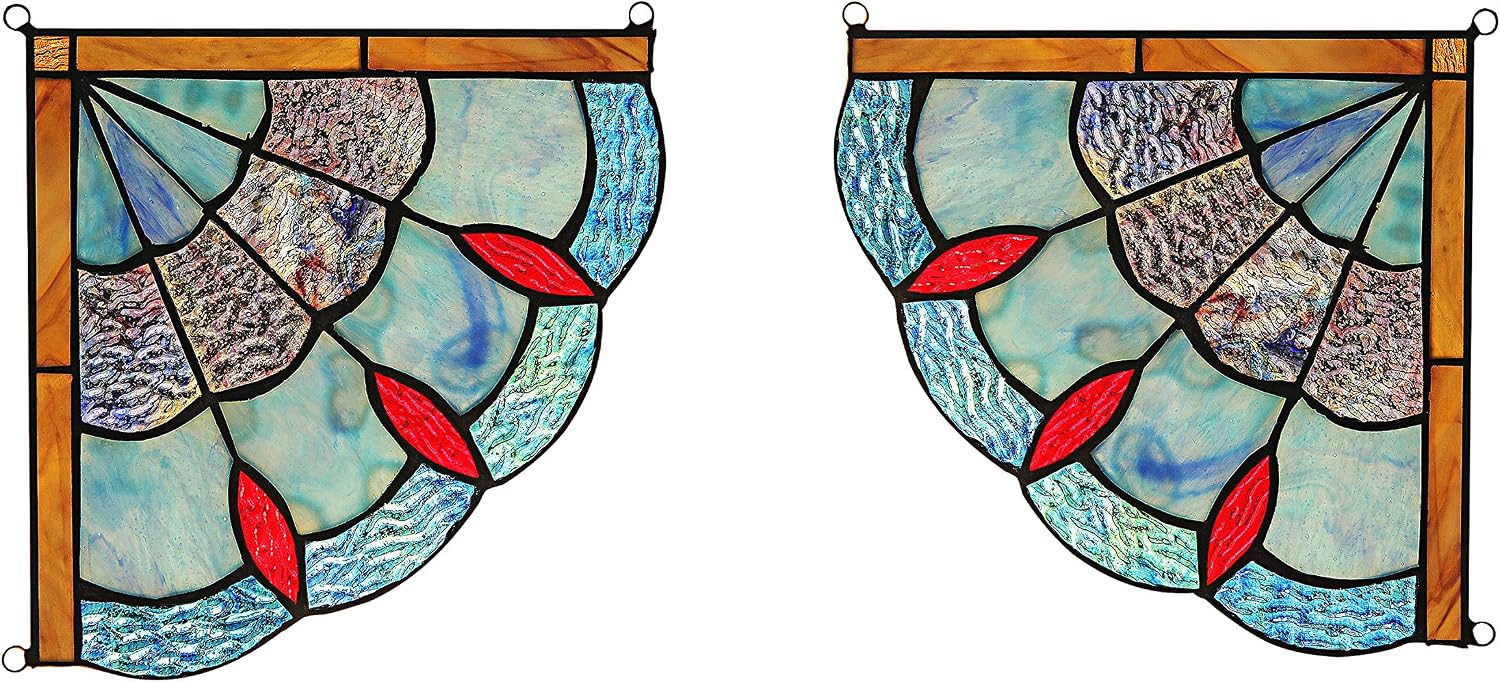 Victorian Tiffany-Glass Panel Window Corner 8" Wide, 2pcs Set
