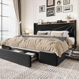 SHA CERLIN King Size Bed Frame with 3 Drawers, USB & Type-C Charging Ports, Velvet Upholstered Platform Bed with Modern Geometric Wingback Storage Headboard, No Box Spring Needed, Easy Assembly, Black