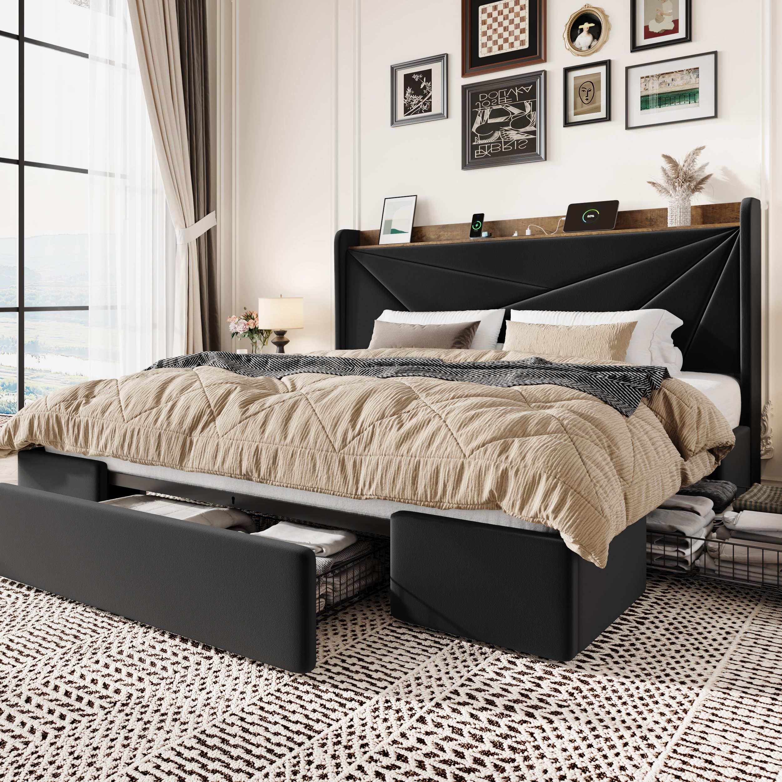 King Size Bed Frame with 3 Drawers, USB & Type-C Charging Ports, Velvet Upholstered Platform Bed with Modern Geometric Wingback Storage Headboard, No Box Spring Needed, Easy Assembly, Black