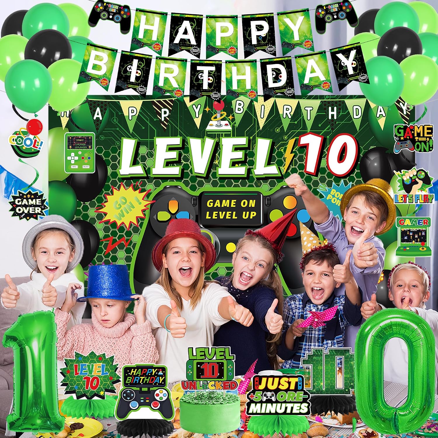 Vlipoeasn Green 10th Birthday Decorations for Boys, Video Game Level 10 Banner Backdrop Honeycomb Centerpieces Hanging Swirls for 10th Birthday Party, Gamer 10 Years Old Party Supplies