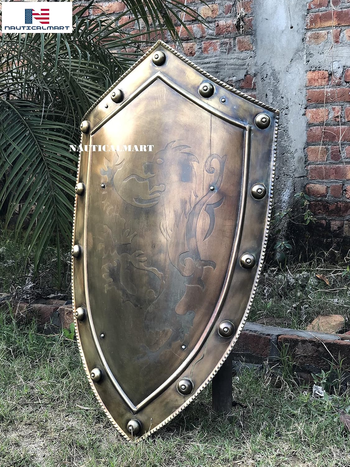 Nautical-Mart Vintage Brass Warriors Shield Wall Crest Art - Medieval Wall Plaque Heraldry Art Decor - Faith Shield Metal Statue Wall Mount Collection