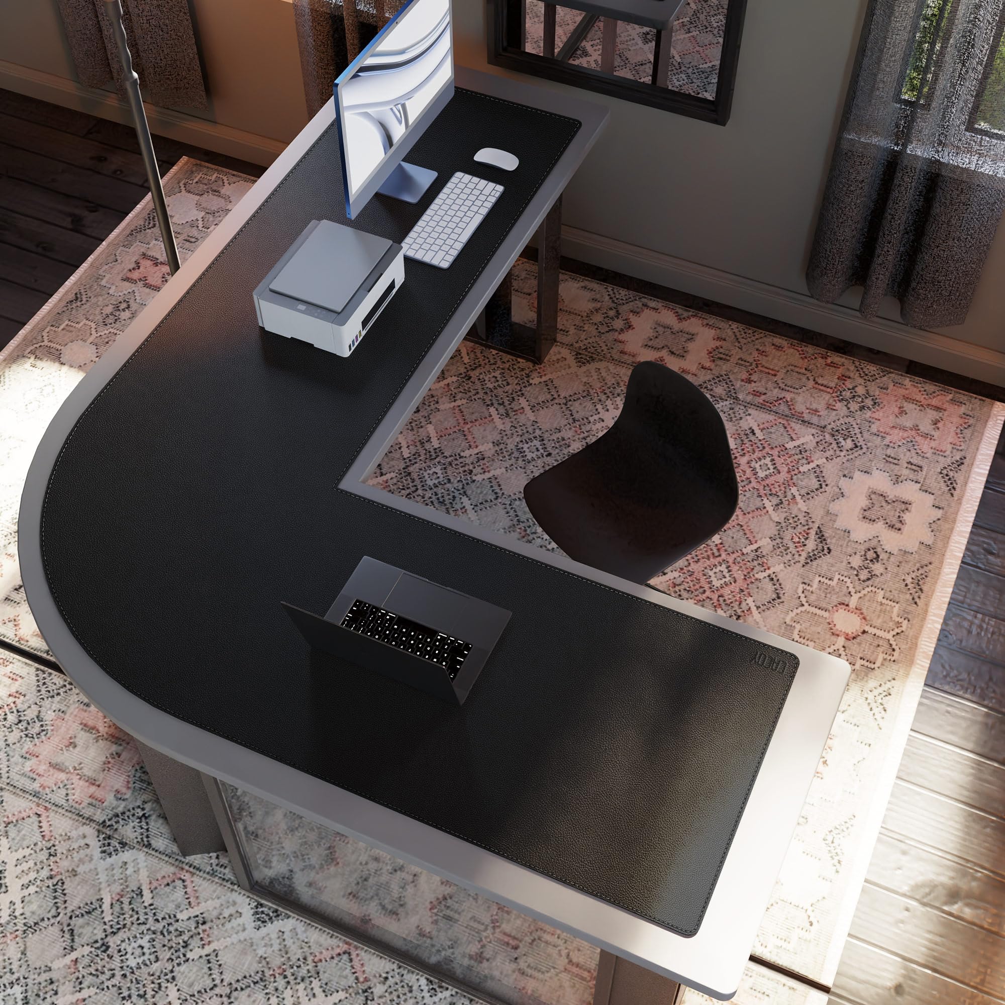 Cacoy Tapis de souris de jeu en forme de L en cuir synthétique noir, taille XXL, 190 cm (L) x 150 cm (L) x 60 cm (l) – Sous-main imperméable en cuir de qualité supérieure pour bureau et maison