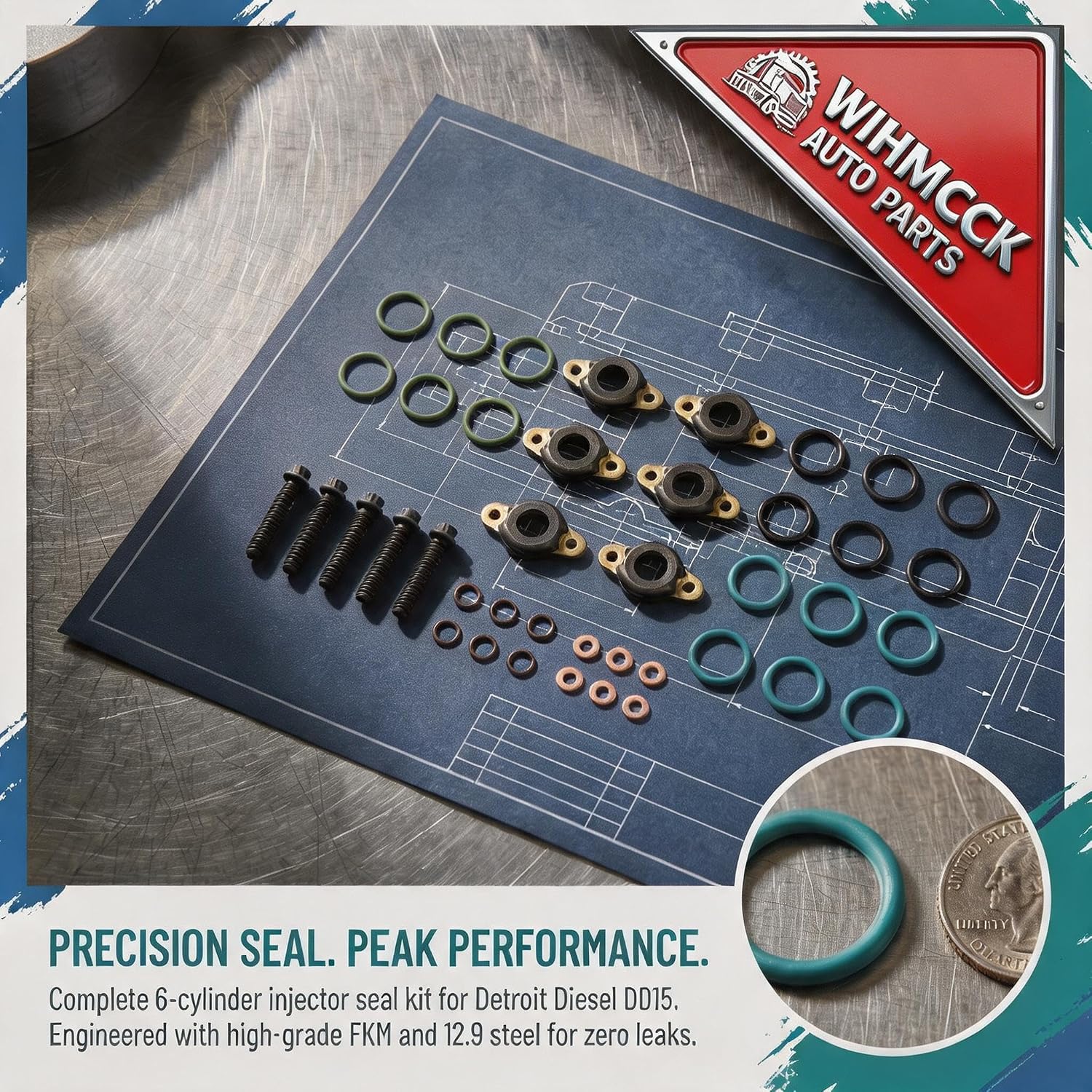 6 Pcs Injector Seal O-Ring Kit for Detroit Diesel DD15 DD13 | Replaces OEM #A4600700987 4600700987 | Complete 6-Cylinder Set: Gaskets, Screws, Washers & 24 O-Rings
