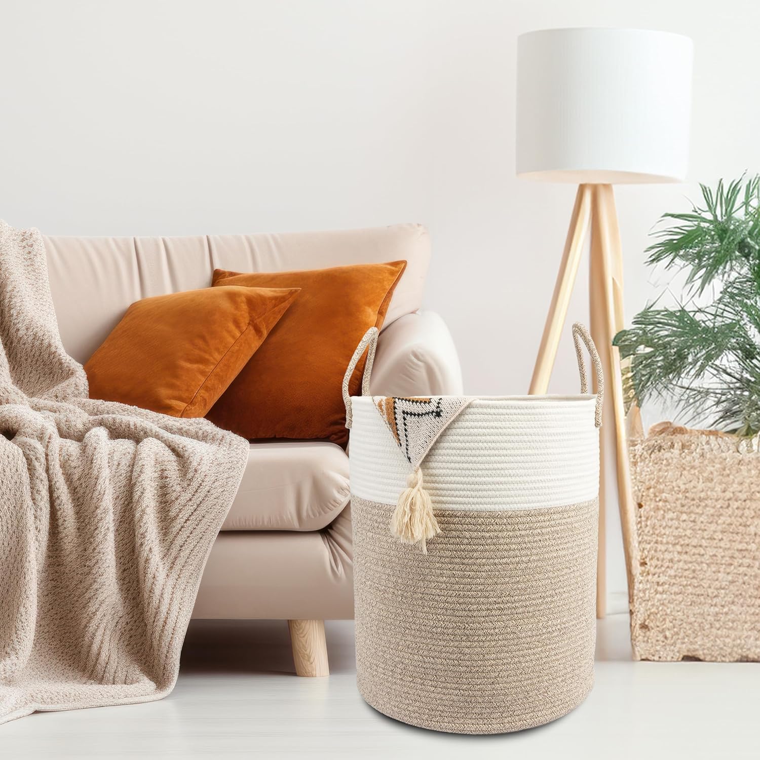 Woven Cotton Rope Laundry basket-15”X20” Laundry Hamper-Rope Storage Basket for Dirty Clothes, Toys and Blankets Perfect for Bathroom, Baby nursery and Living Room Storage (white and brown)
