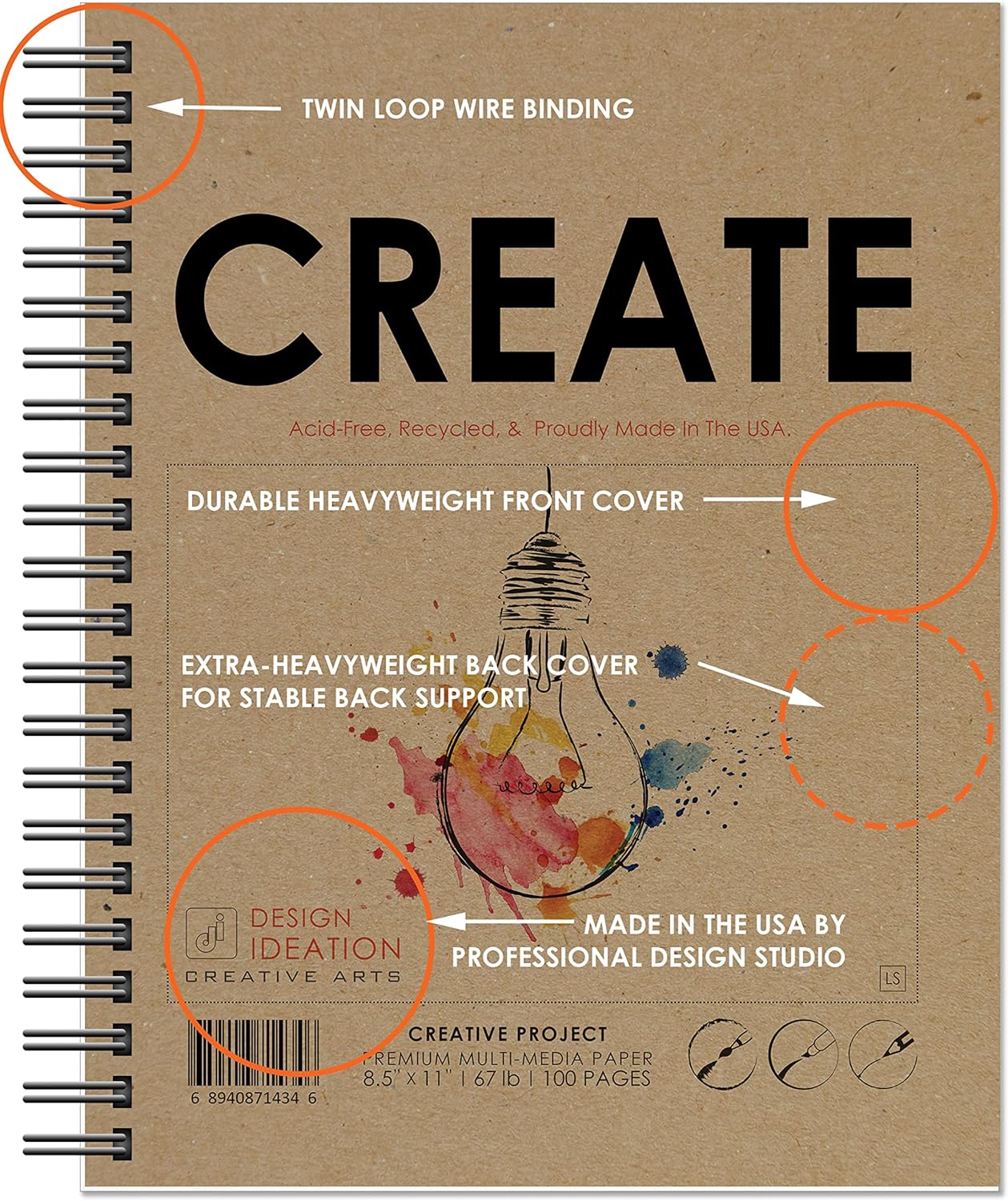 Design Ideation Create. Wire Bound Sketchbook. Left Spine. Multi-Media. (8.5" x 11") WB-50100-LS. (5 Book Value Pack)