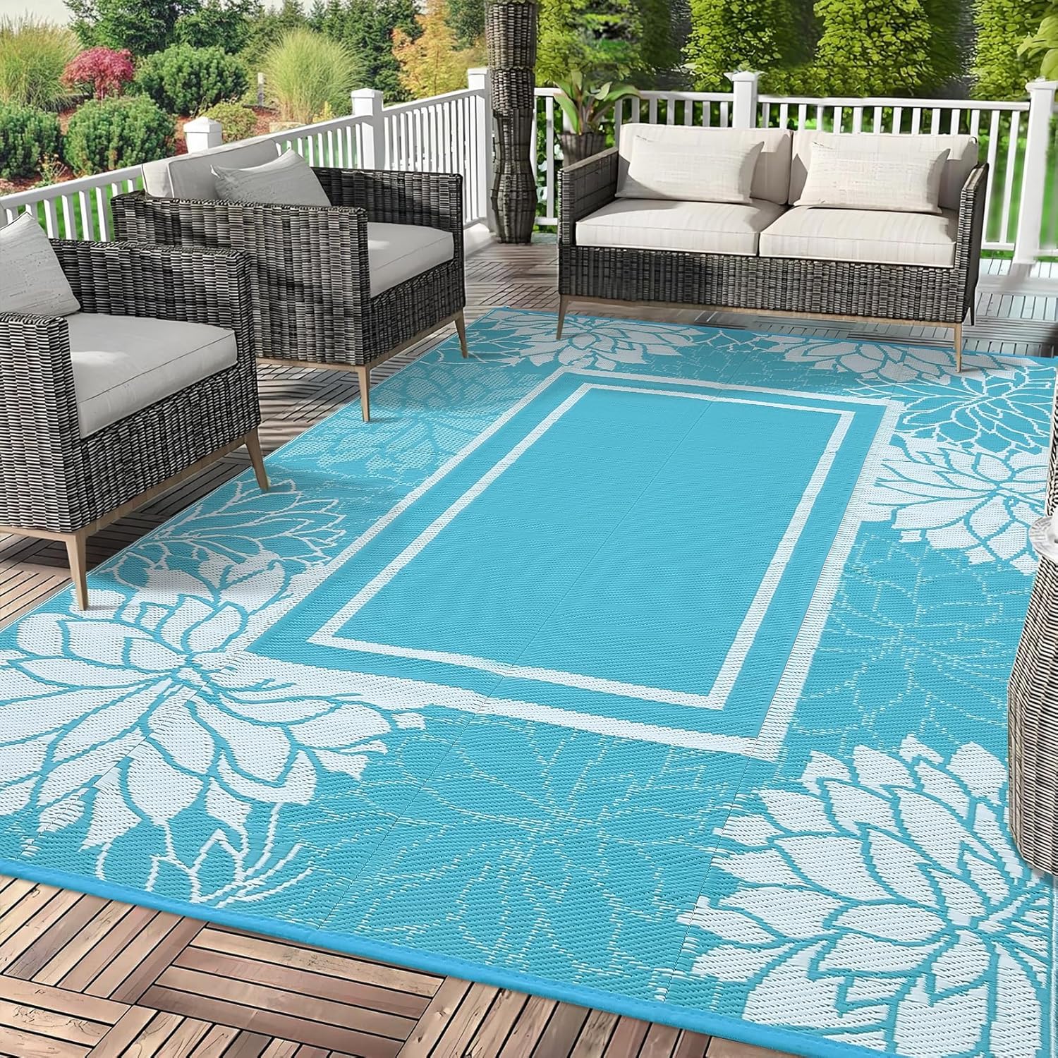Floral Outdoor Rugs 9x12 Waterproof Reversible Mats, Stain-Resistant Modern Plastic Straw Camping Rugs for Patio, Foldable Outside Carpet for RV Porch Deck Balcony Beach, Blue White