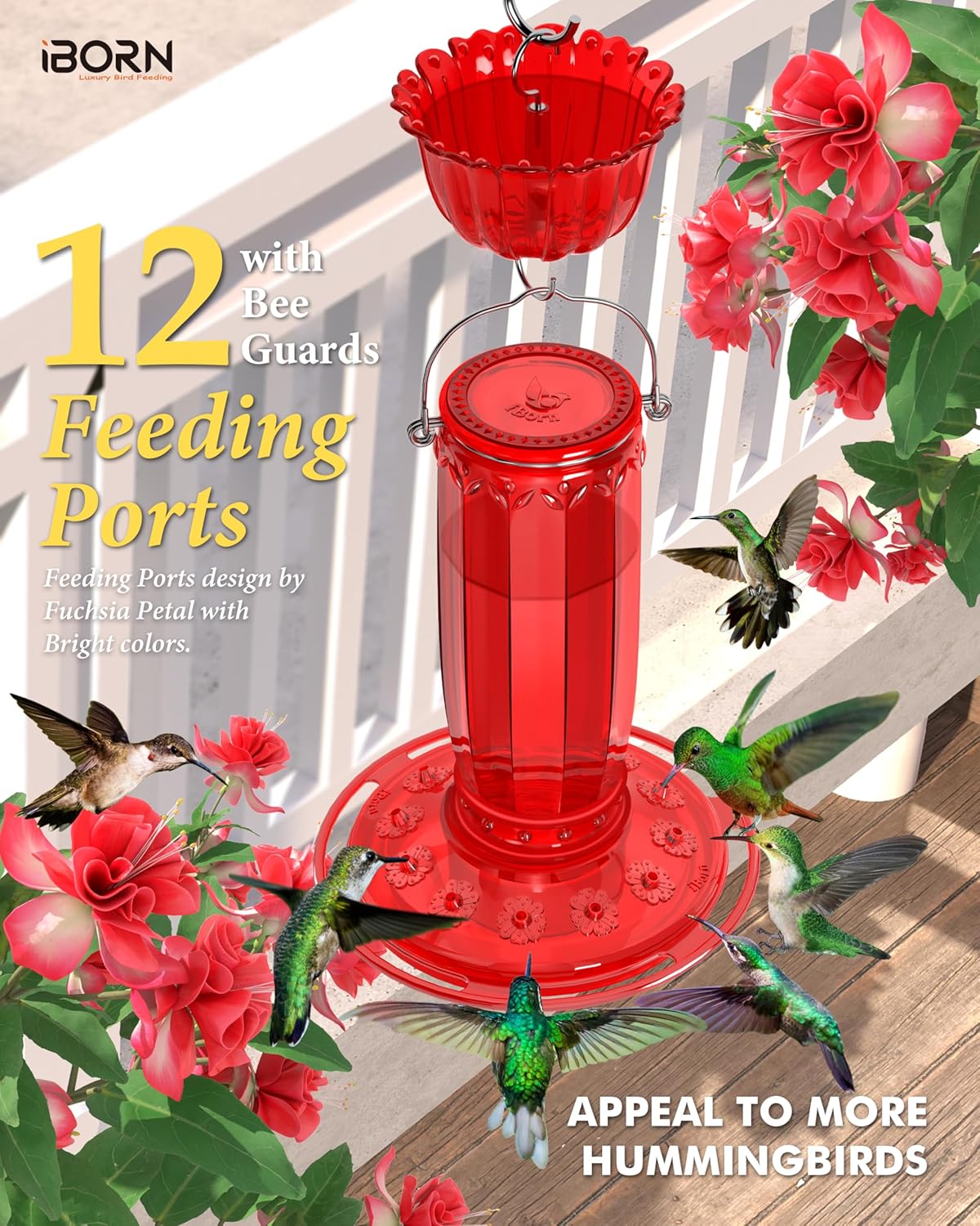 iBorn Hummingbird Feeders for Outdoors Hanging with Ant Moat for Hummingbird Feeder Glass 12 Ports for 16oz Hummingbird Nectar, Red Glass, Pack of 2