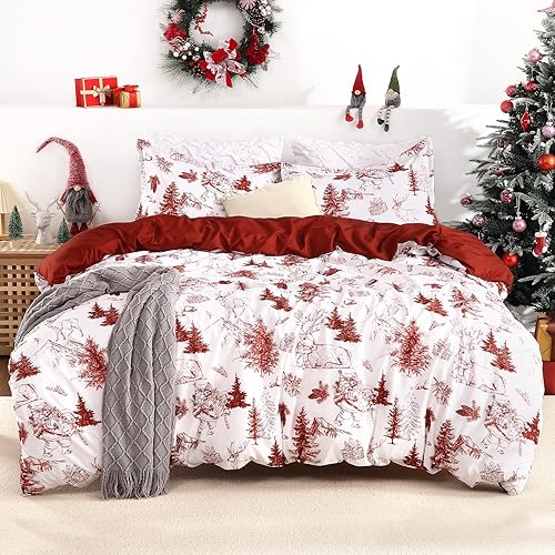 CAROMIO Juego de funda de edredón de Navidad tamaño King, reversible, ropa de cama decorativa de Navidad, edredón rojo de microfibra suave + 2