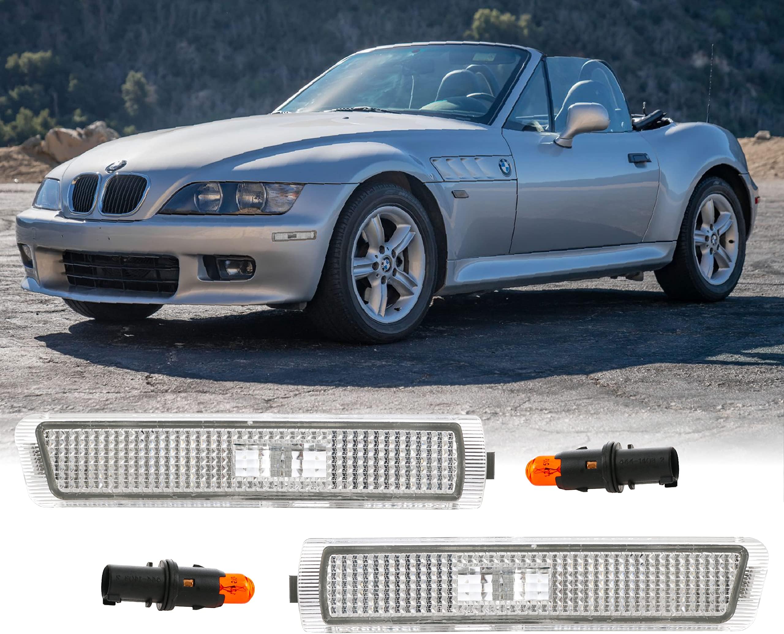 USR Z3 Side Marker Lights - Euro Style Clear Lens Front Bumper Sidemarkers Lamps Set (Left + Right) Compatible with 1996-2002 BMW Z3 Roadster/M Roadster/M Coupe (Amber Bulbs + Sockets Included)