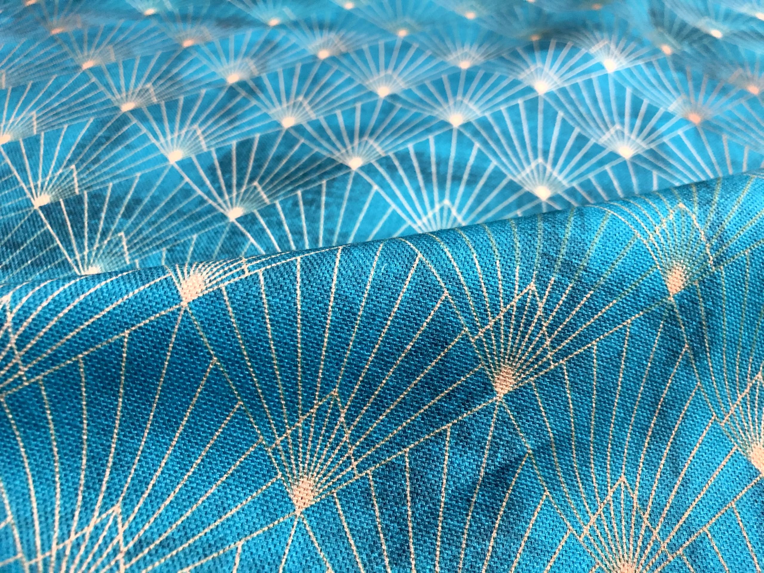 LushFabric Turquoise & Gold Diamond Art Deco Rhombus Damask Peacock Fan Fabric - Furnishing Curtains Upholstery Material - 140cm Wide (Sold by The Metre)