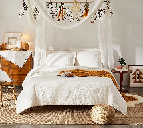 Geniospin Juego de edredón tamaño King, juego de cama en una bolsa, juego de ropa de cama blanco marfil de 7 piezas, patrón botánico, ropa de cama