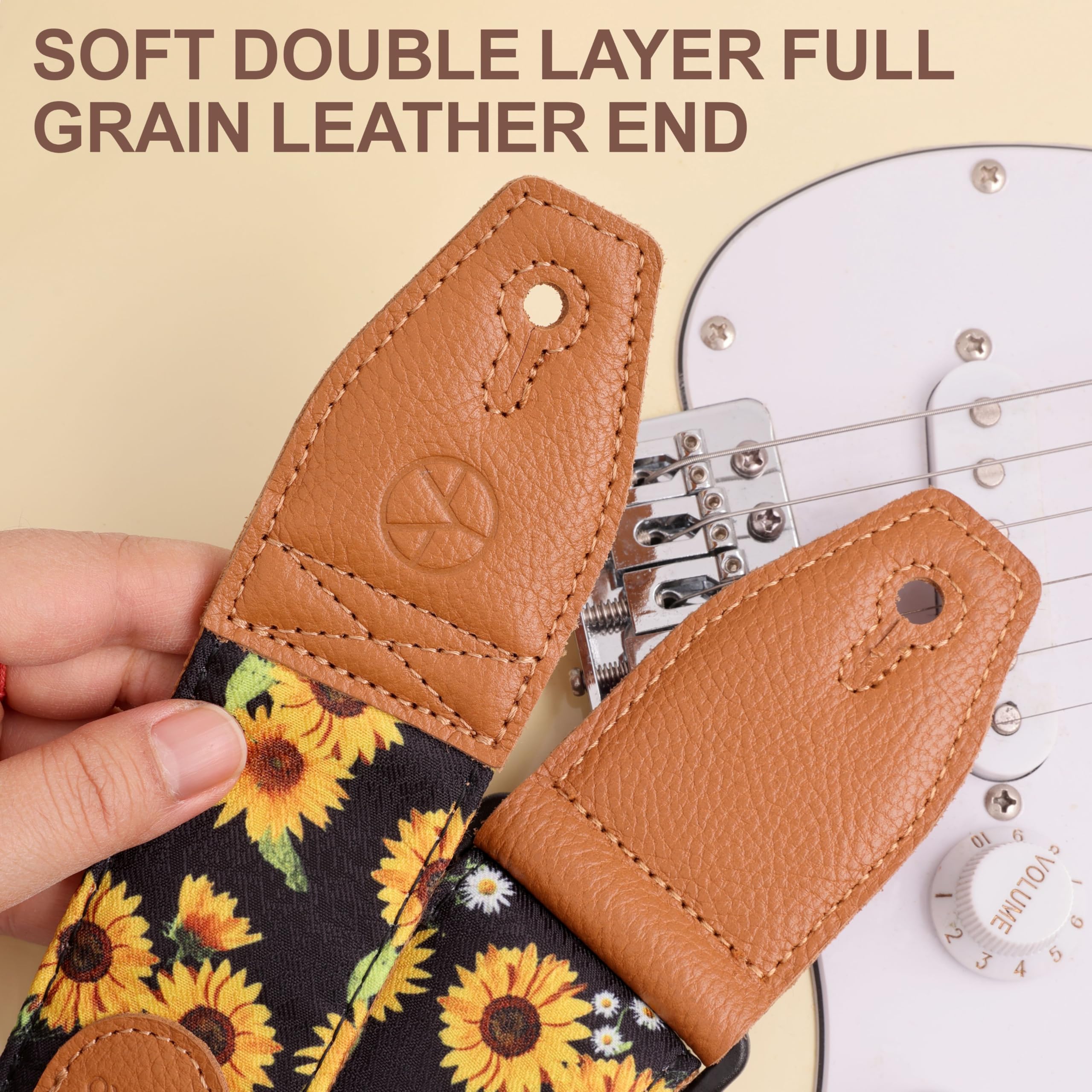 YIKOKO Guitar Strap 2", Cotton Print Floral Guitar Straps with Full Grain Leather End, for Bass Electric and Acoustic Guitars - Image 2